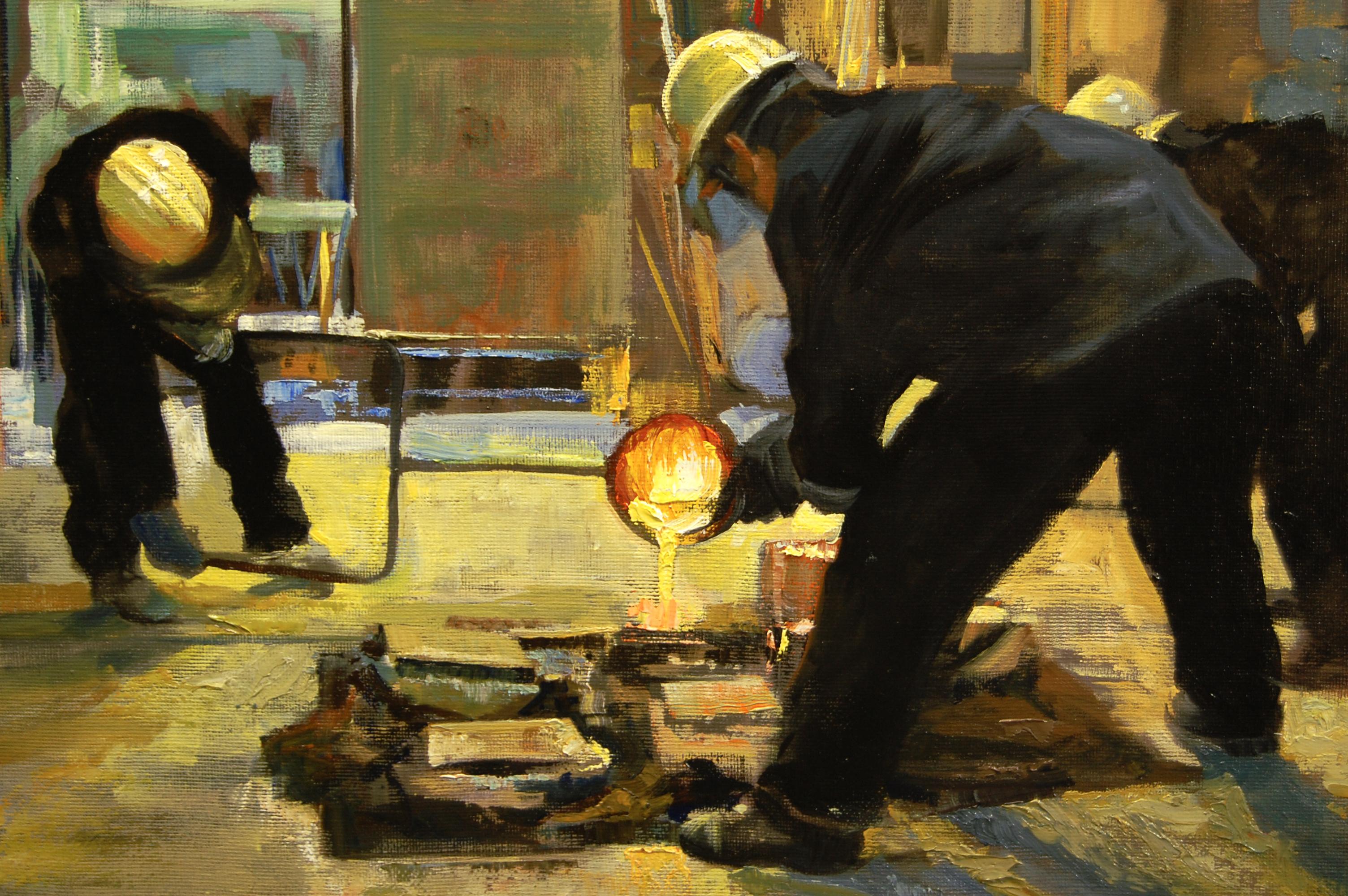 First Pour, peinture à l'huile - Marron Figurative Painting par Onelio Marrero
