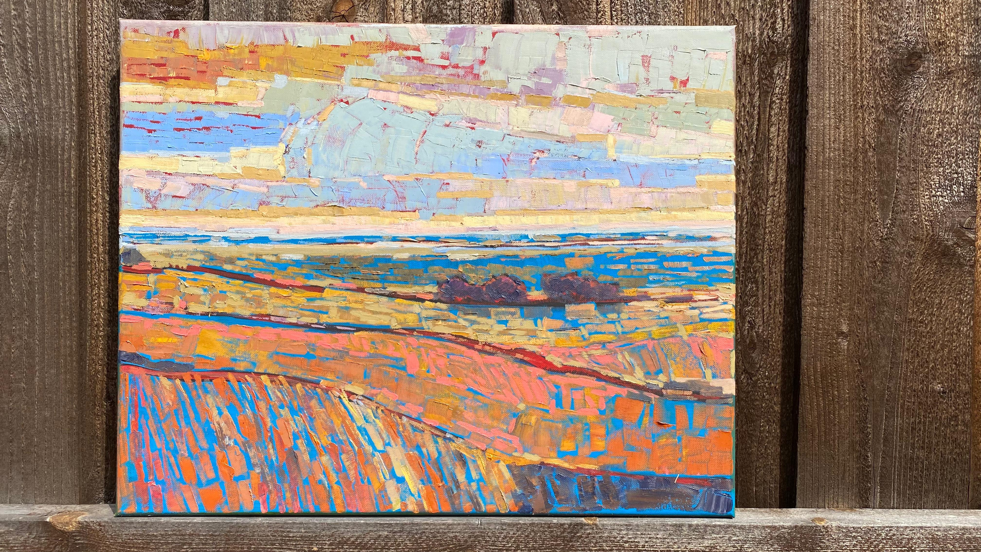 <p>Artist Comments<br>Artist Srinivas Kathoju takes inspiration from nature's vast open fields. Rolling mountains and broad horizons connect to endless skies. A bright blue hue peeks through broken colors of brown, yellow, and orange. Srinivas'