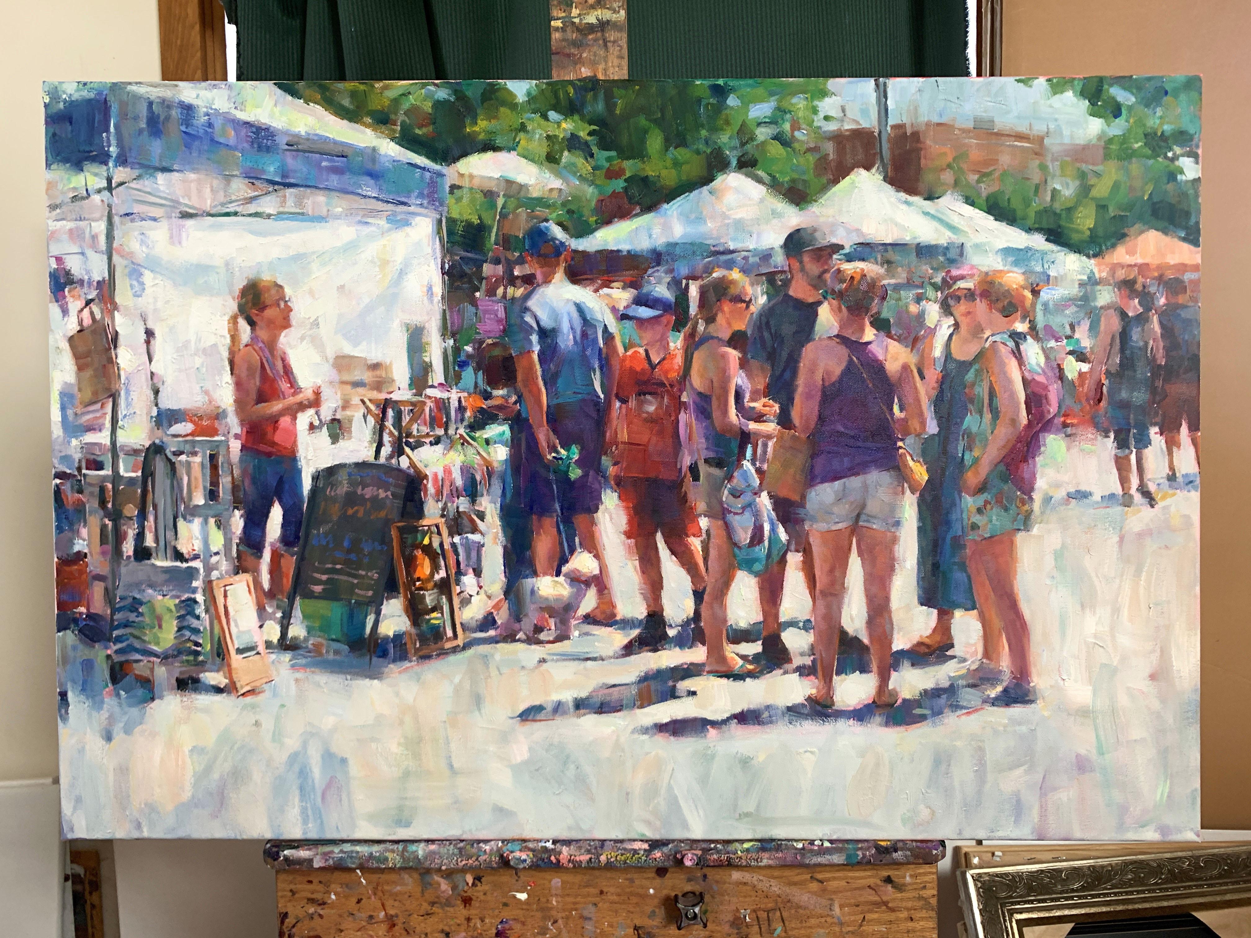 Cagnolino al mercato degli agricoltori, pittura a olio - Painting Impressionismo astratto di Jerry Salinas