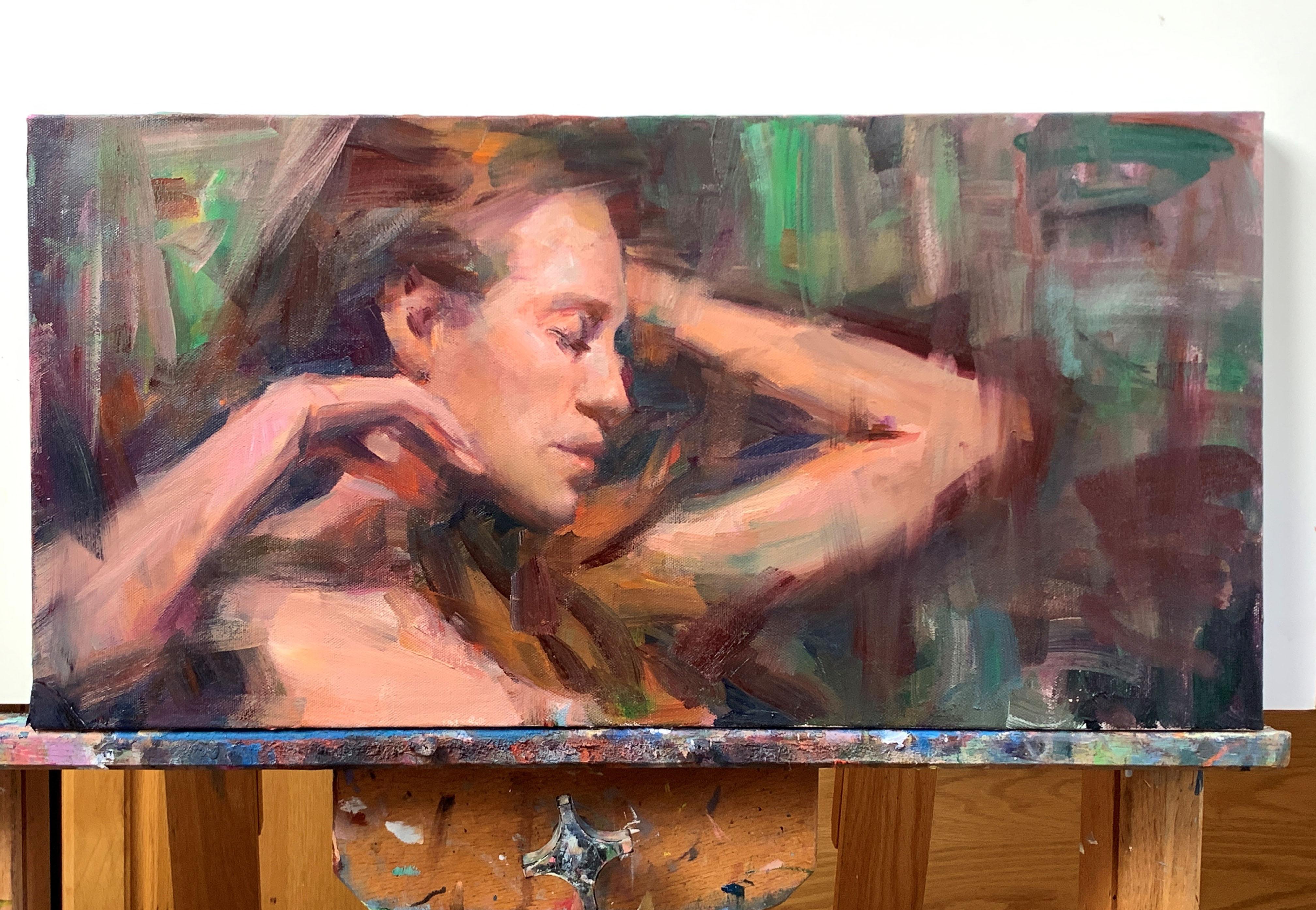 <p>Artist Comments<br>A delicate portrait of a young woman by artist Jerry Salinas. With bold painterly strokes, Jerry combines a neutral abstraction with an impressionistic nude. He utilized different shades of brown and green that fill the