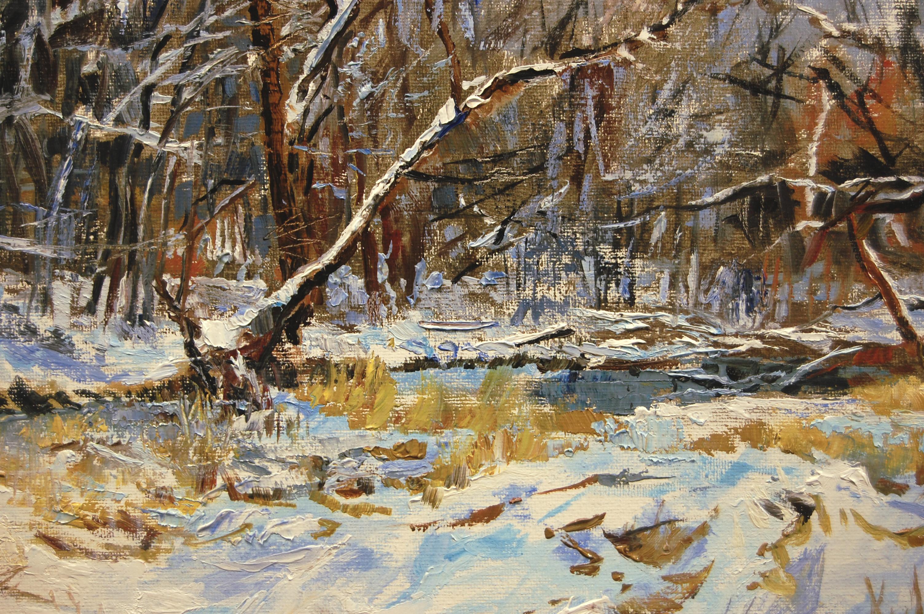 Schneeflocken Fluss, Ölgemälde (Braun), Landscape Painting, von Onelio Marrero