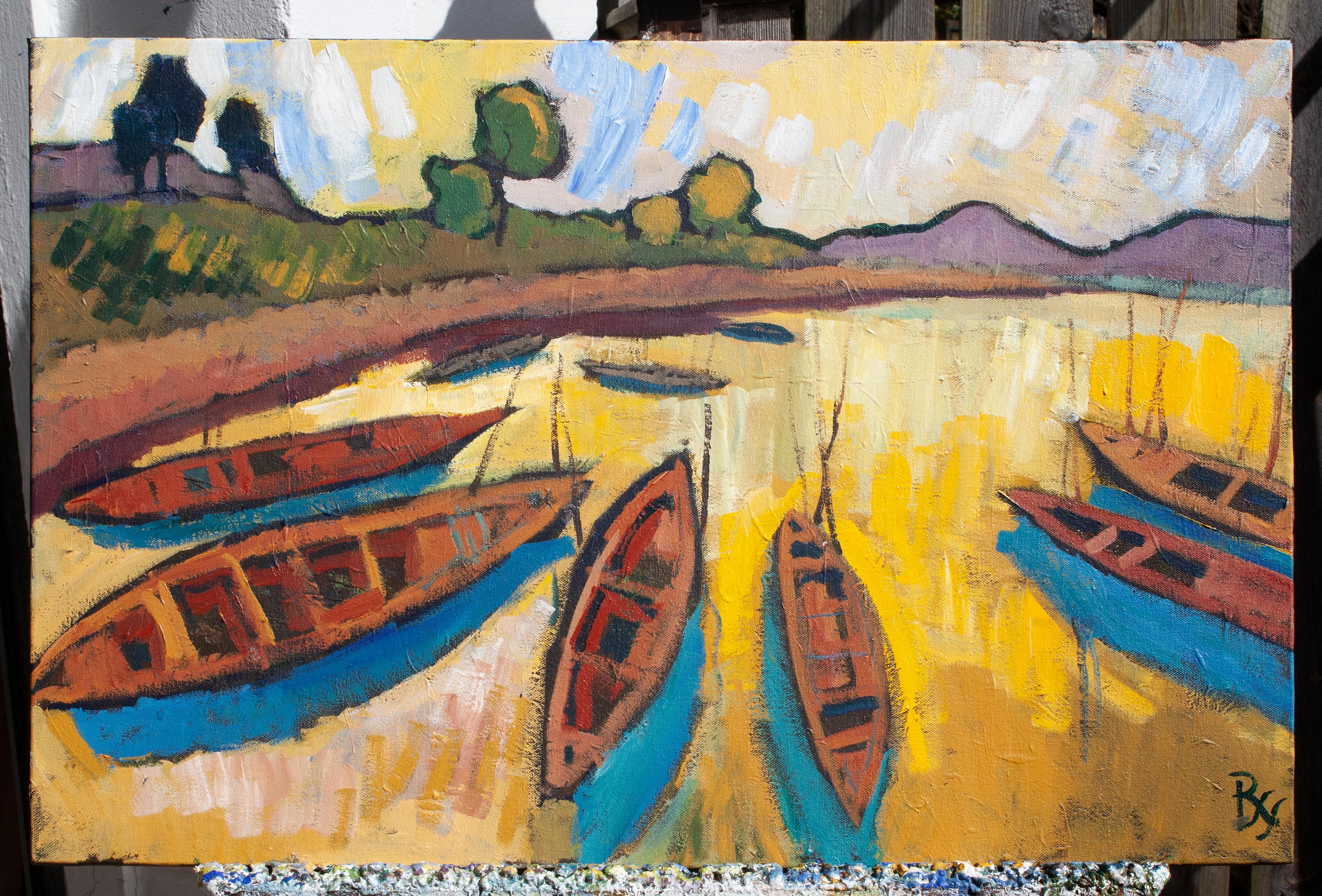 <p>Artist Comments<br>Artist Robert Hofherr depicts a vibrant view of a lake with boats moored on its shore. 