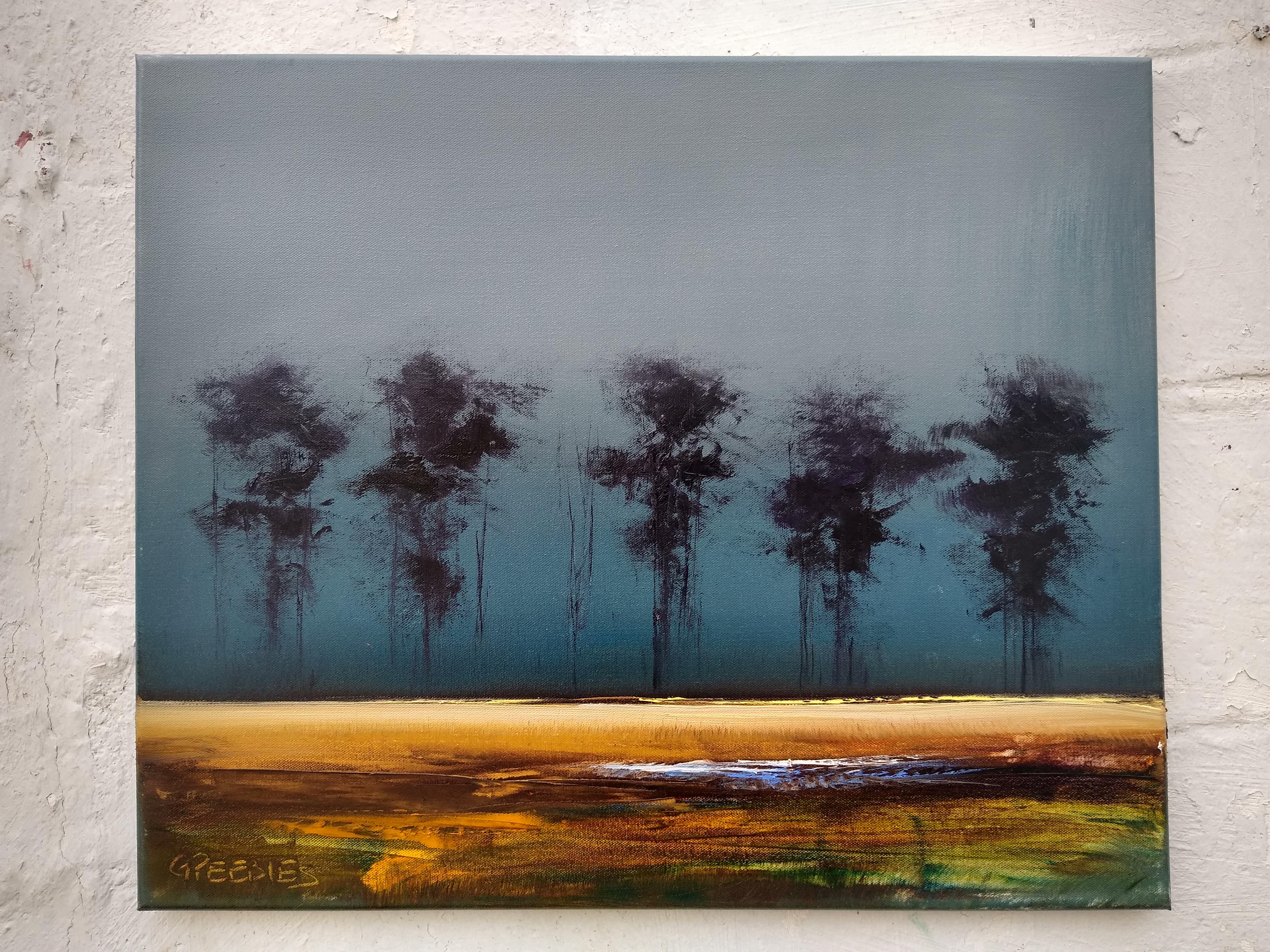 <p>Artist Comments<br>Artist George Peebles offers an evening landscape with tall willowy trees standing like shadows on the horizon. A dark image of the forest is starkly juxtaposed with a vibrant field in the foreground. George is known for his