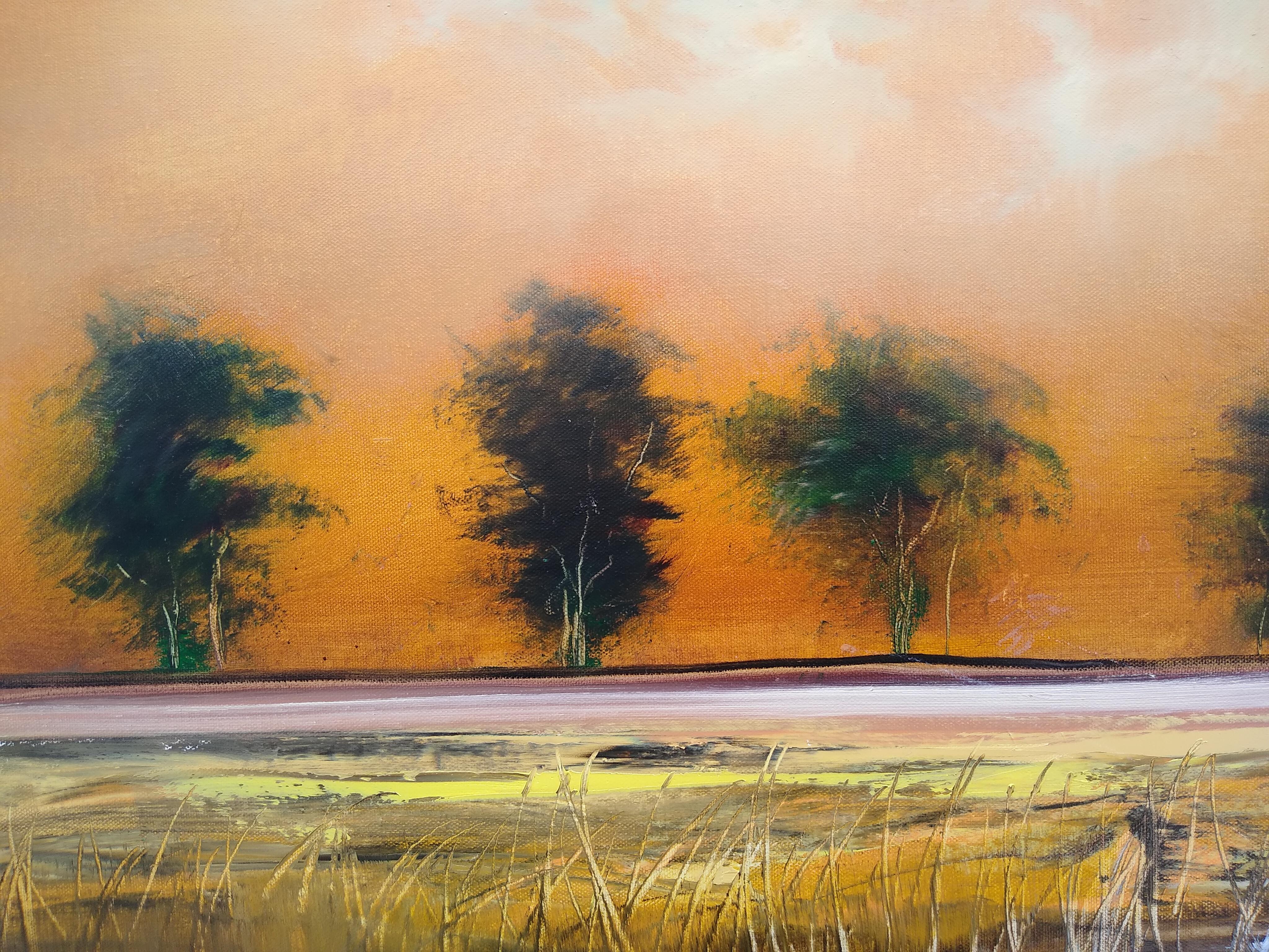 <p>Artist Comments<br>Artist George Peebles draws on his surroundings in Michigan but ultimately paints entirely from his imagination. In this piece, he captures the warm and vibrant hues of the sky at dusk. Trees line the horizon far away in the
