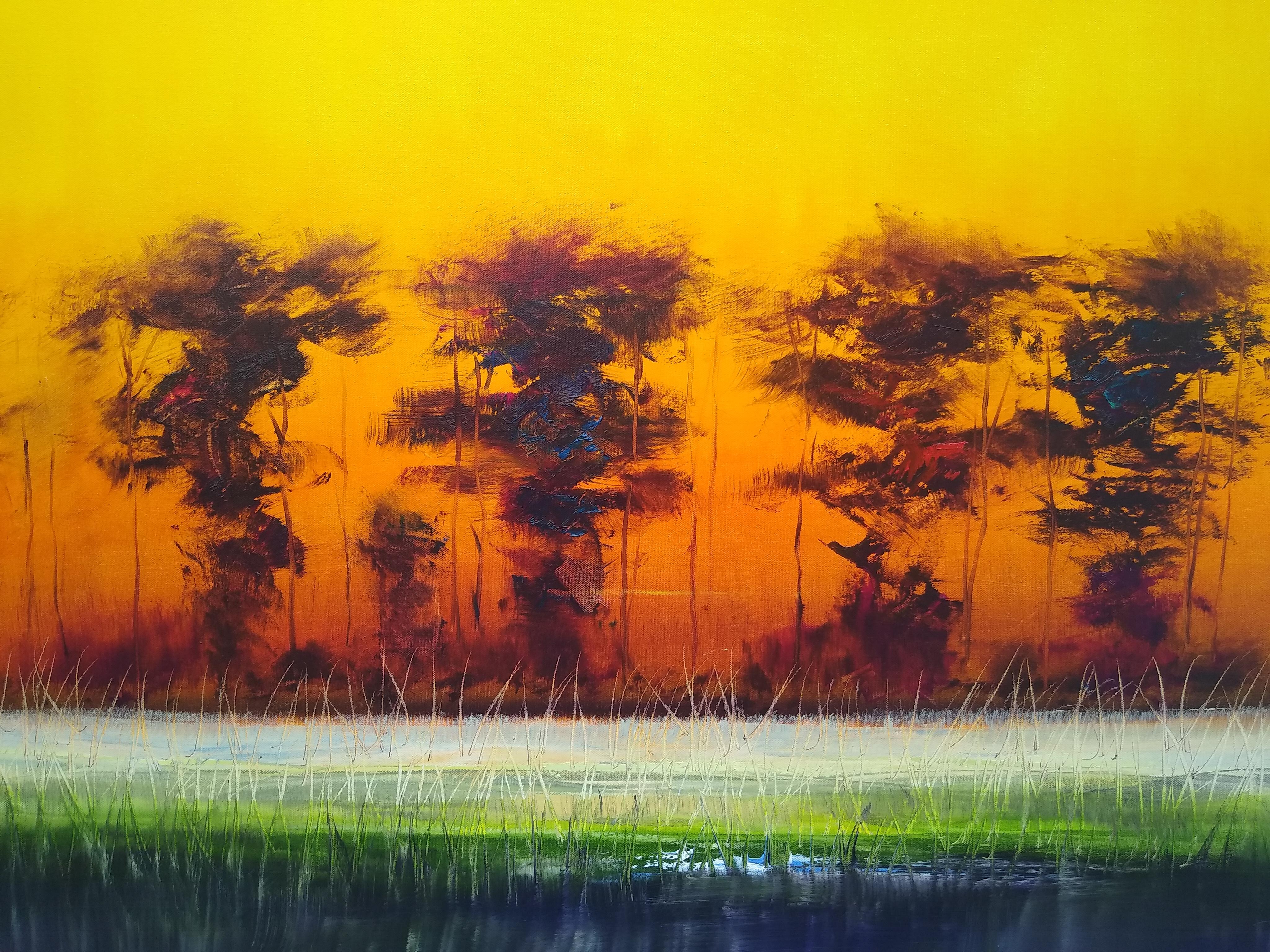 <p>Artist Comments<br>Artist George Peebles depicts a fiery haze of a sunset across a wet marshland. Tall and wavy leaf-covered silhouettes of trees appear in the distance while grass grows thinly in the foreground. Bold and complementing hues by