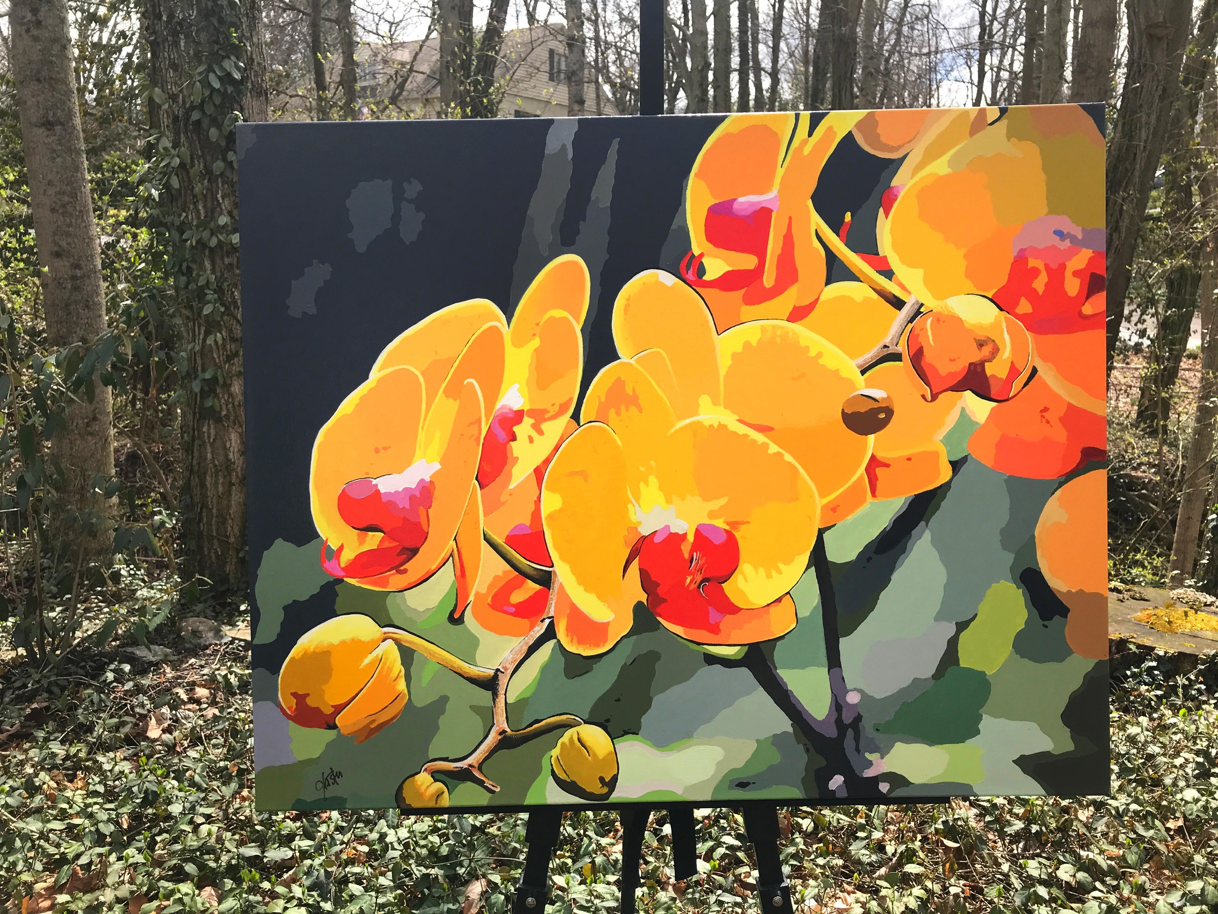<p>Artist Comments<br>Artist John Jaster presents a cluster of bold moth orchids with deep yellow petals and vivid red labellums. Utilizing multiple layers of heavy body acrylics, John creates rich and vibrant color combinations. Complementing hues