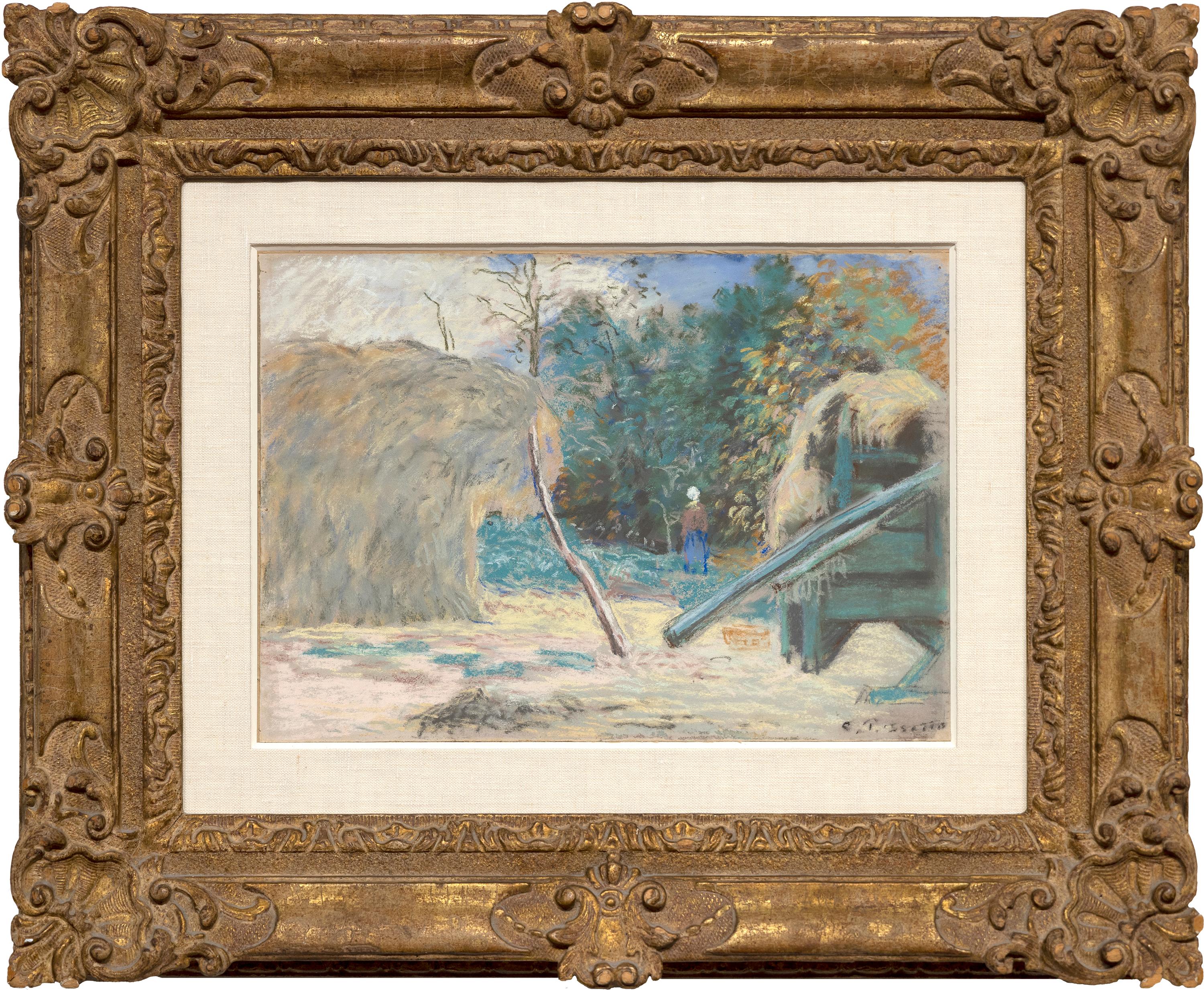 Camille Pissarro Landscape Art - Paysage avec batteuse a Montfoucault