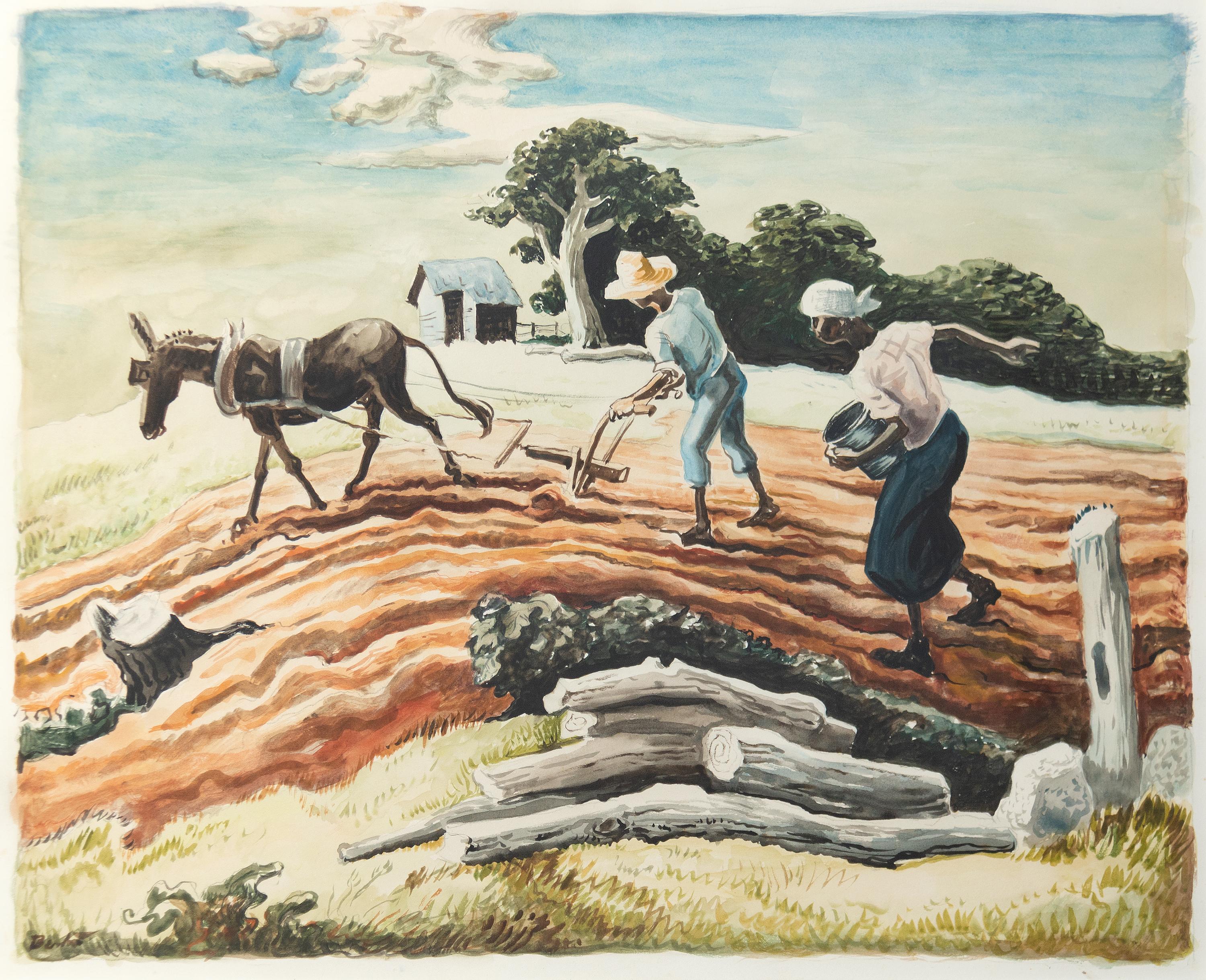 Pflanzung (Frühjahrspflügen) - Aquarelliertes Landschaftsgemälde mit Figuren, um 1939