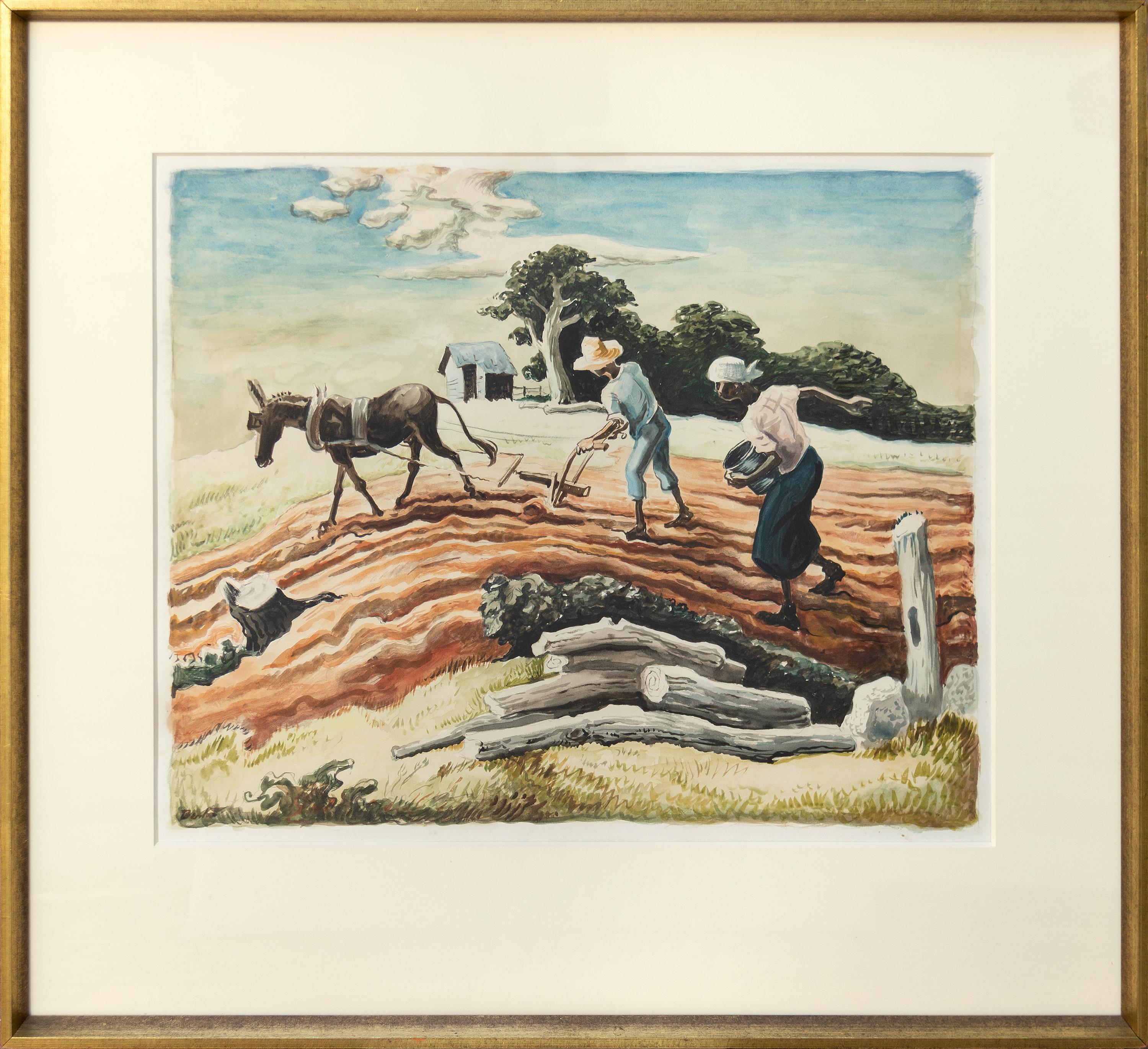 Planting (Spring Plowing) - Watercolor Landscape Painting with Figures, c. 1939 - Art by Thomas Hart Benton