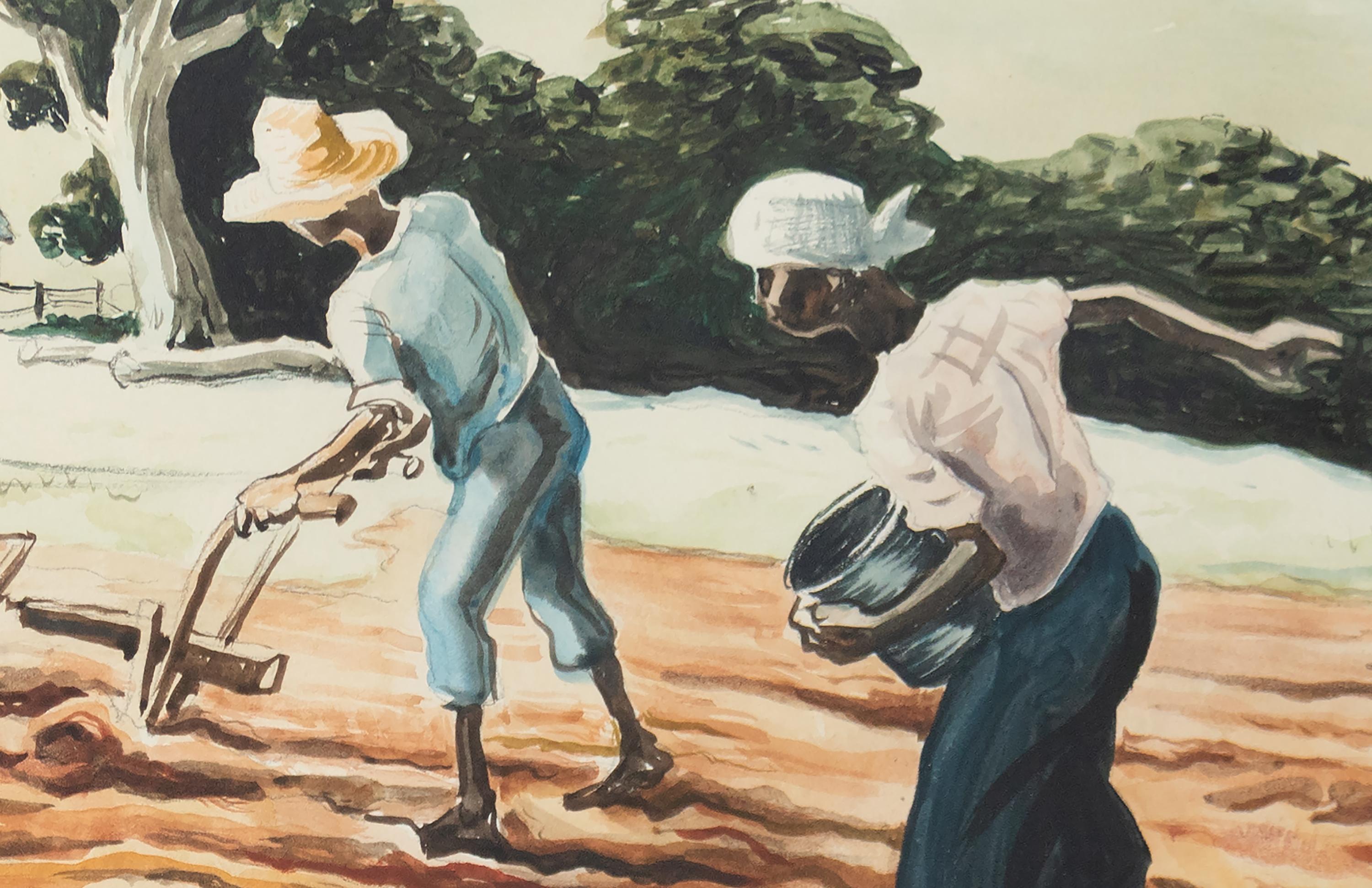 Planting (Spring Plowing) - Watercolor Landscape Painting with Figures, c. 1939 - Beige Figurative Art by Thomas Hart Benton