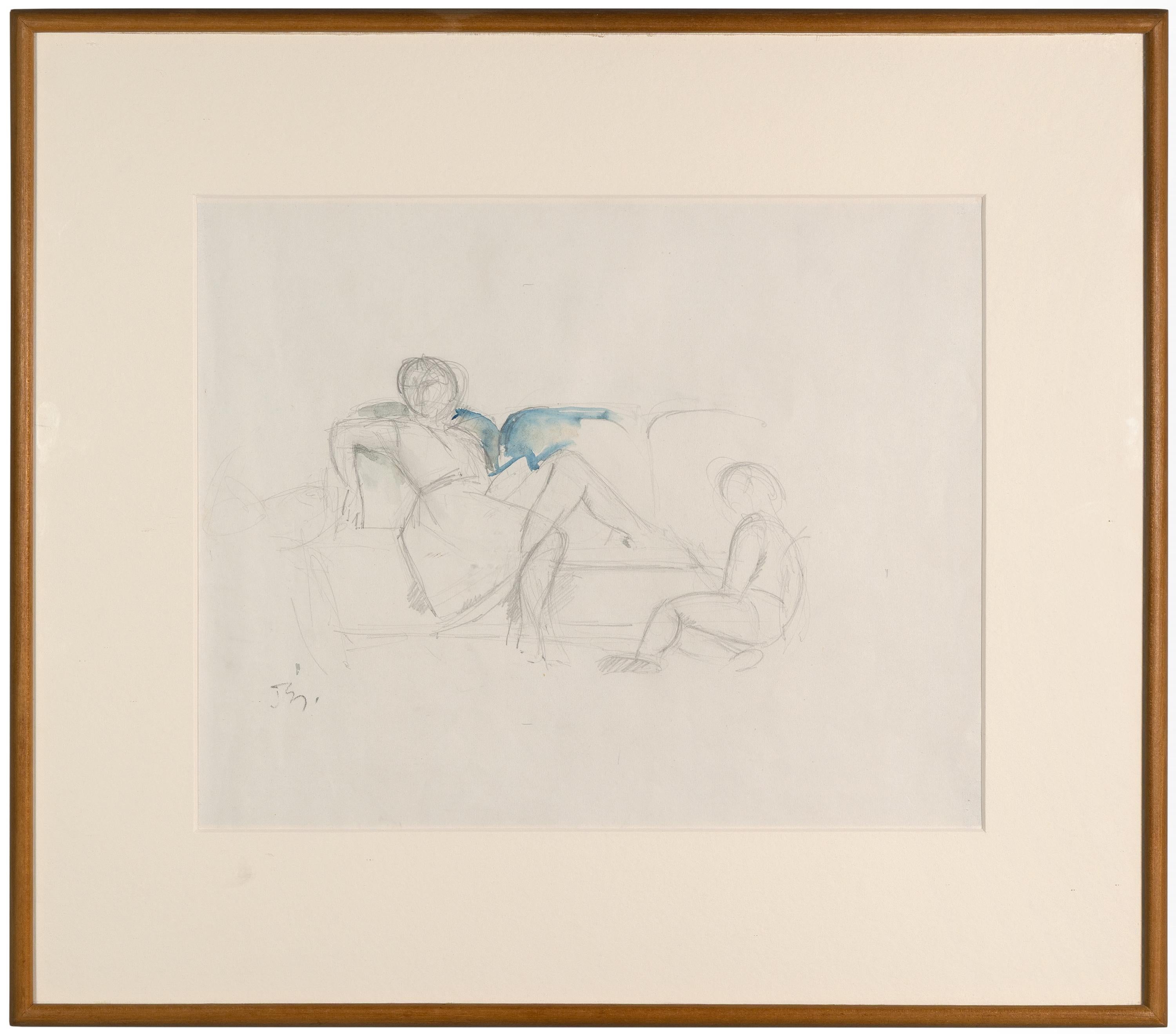 Study For Three Sisters - Figurative Mixed Media Drawing on Paper, 1954