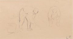 Two Workers in the Workfield - Impressionist Pencil Study Drawing