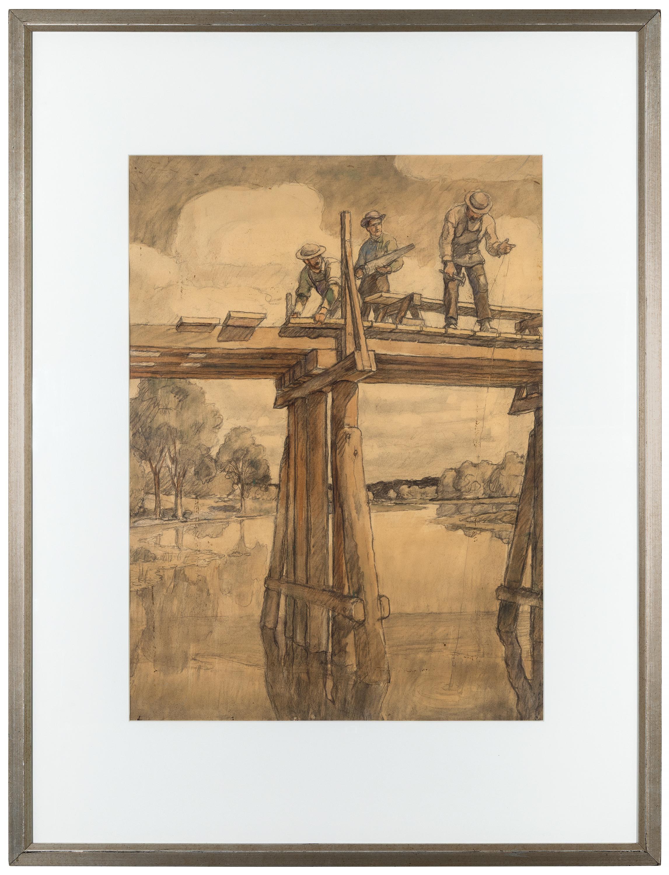 The Carpenters Repairing Hubbard's Bridge - Work on Paper, c. 1936