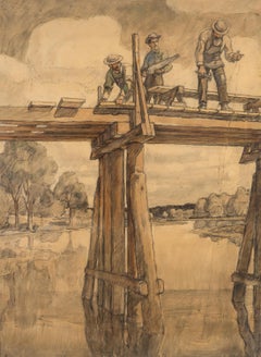 The Carpenters Repairing Hubbard's Bridge - Work on Paper, c. 1936