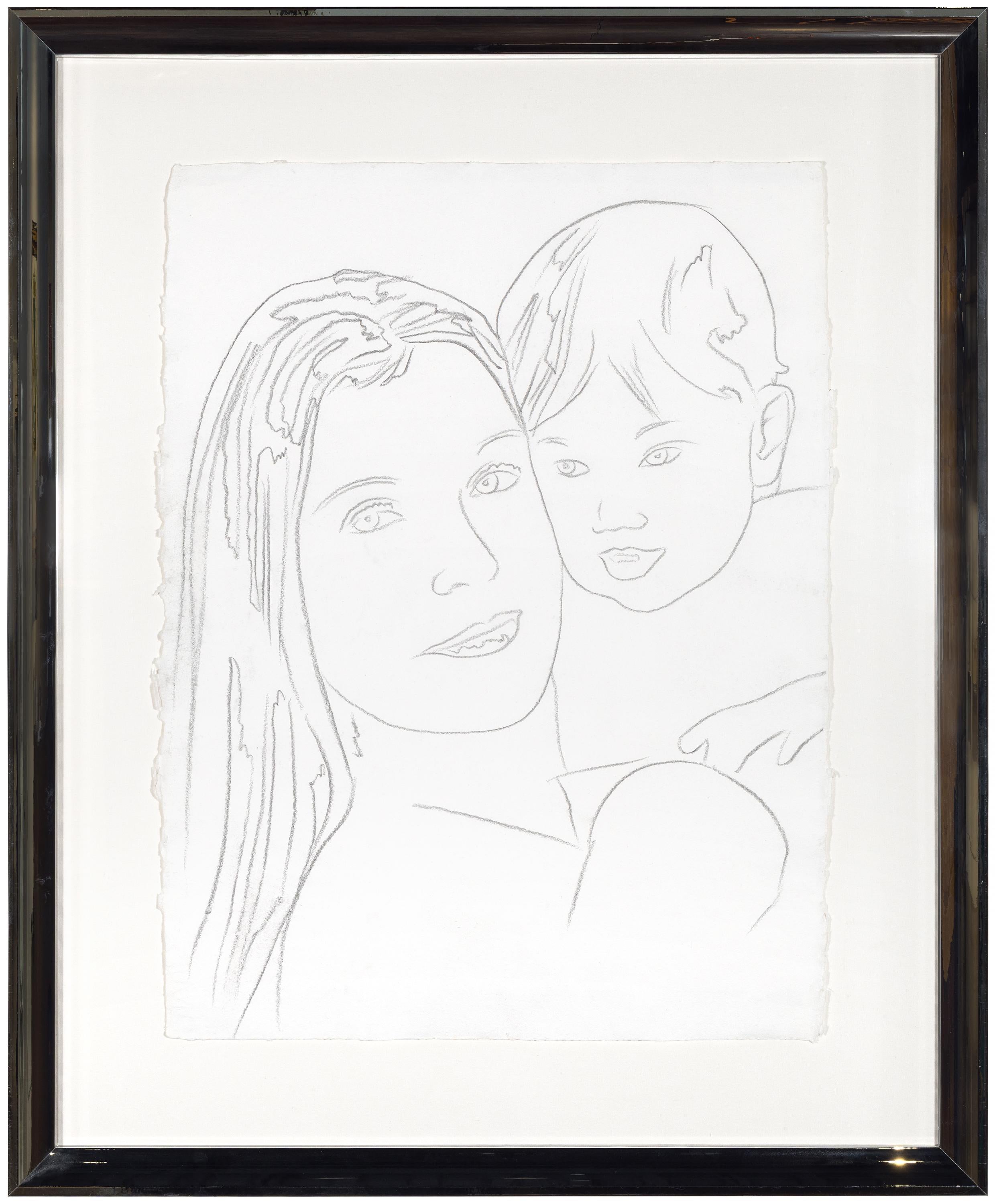 Andy Warhol Portrait - Mother and Child - Pop Art Black and White Charcoal Study Drawing, 1981