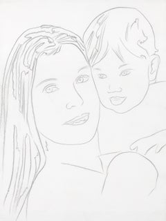 Mother and Child - Pop Art Black and White Charcoal Study Drawing, 1981