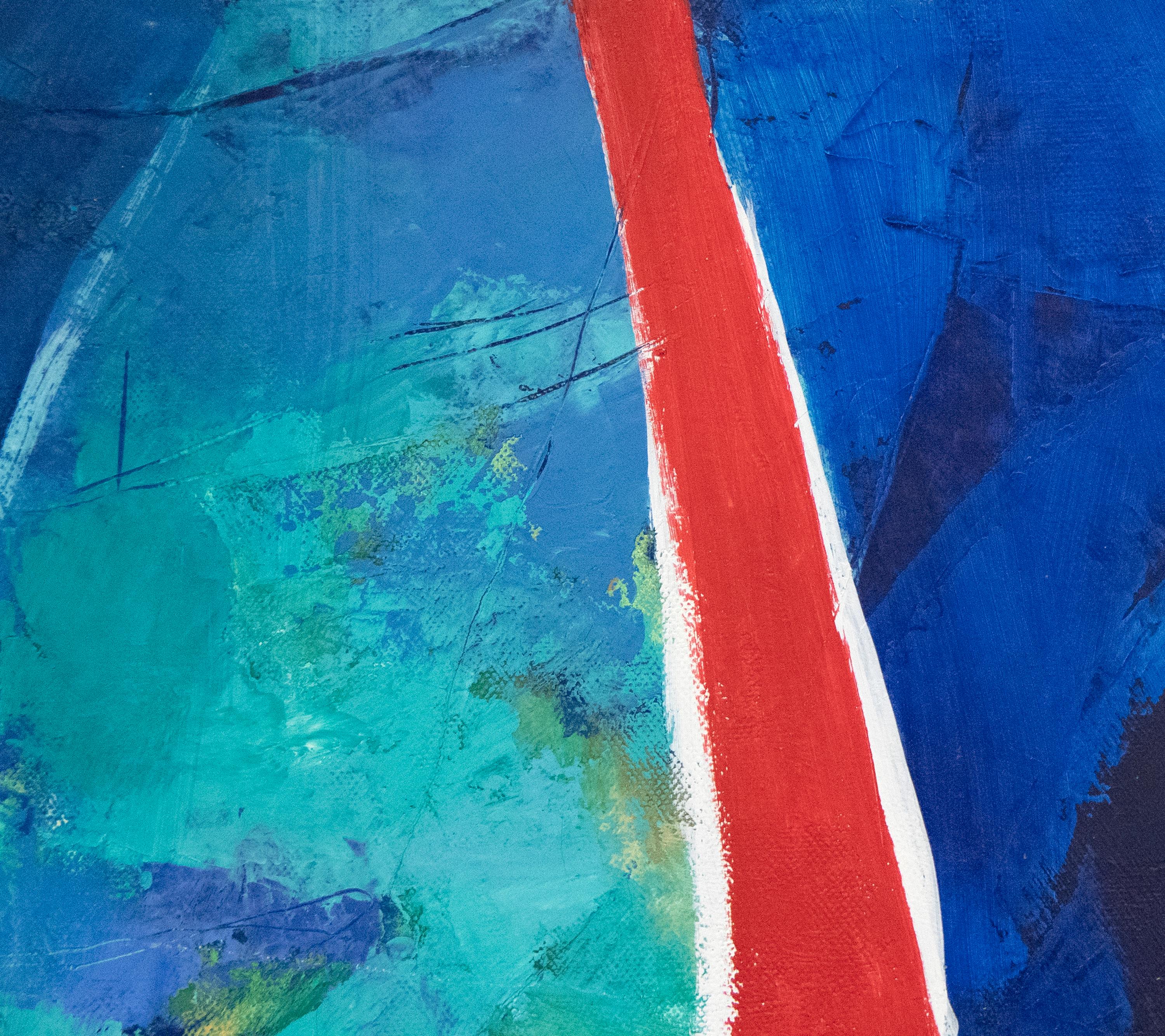 A painting by Jae Kon Park. This Untitled, oil on canvas, abstract painting is executed in a deep and lush palette primarily of blues and teals with daubs of yellow and swaths of red by post war, abstract, Korean artist Jae Kon Park. Jae Kon Parks