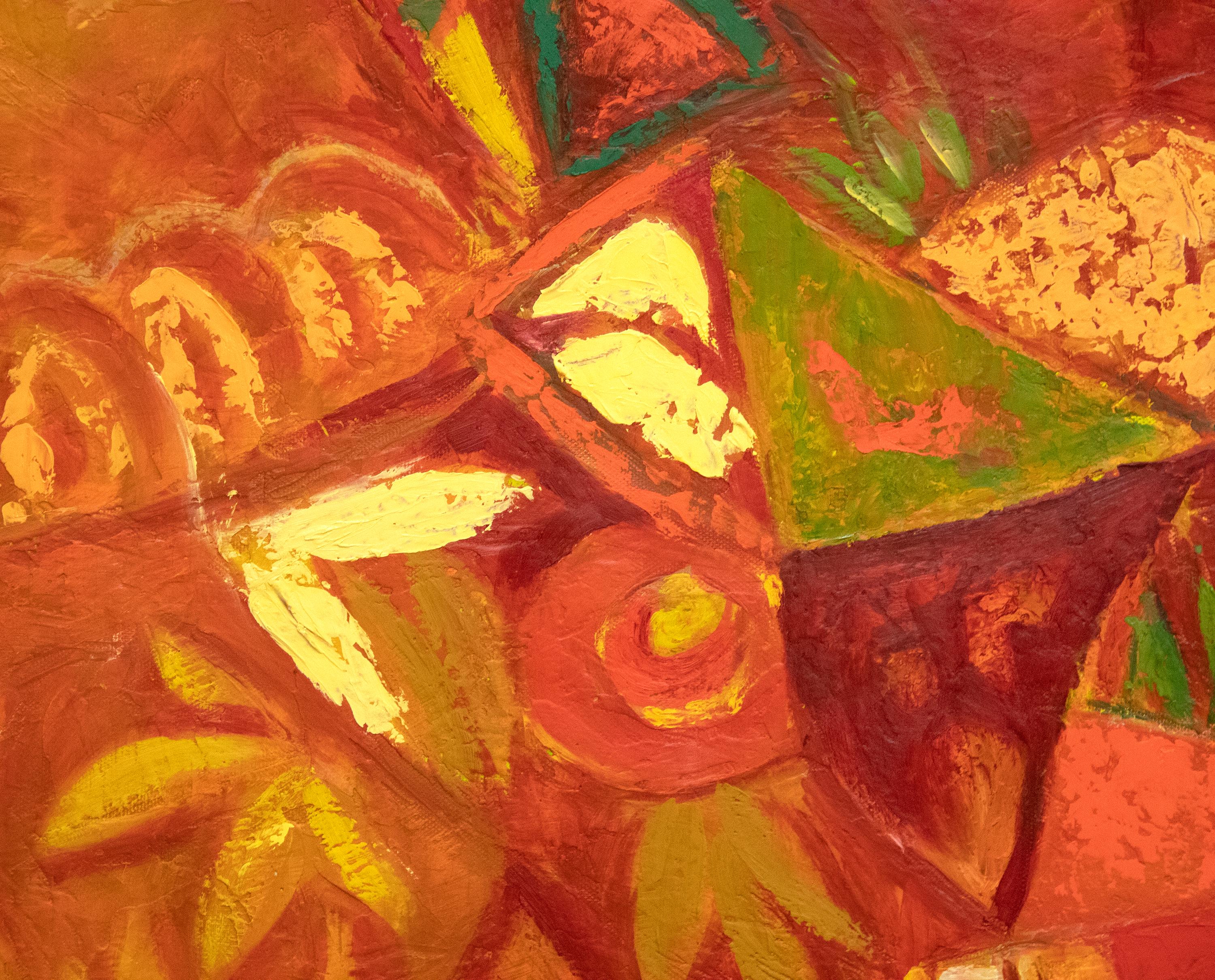 Ein Gemälde von Jae Kon Park. Dieses abstrakte Gemälde ohne Titel ist in einer üppigen und tiefen Palette vor allem in Orange, Rot, Gelb und Grün gehalten und stellt abstrahierte Stammesmuster dar. Jae Kon Parks Kunst zeichnet sich durch leuchtende