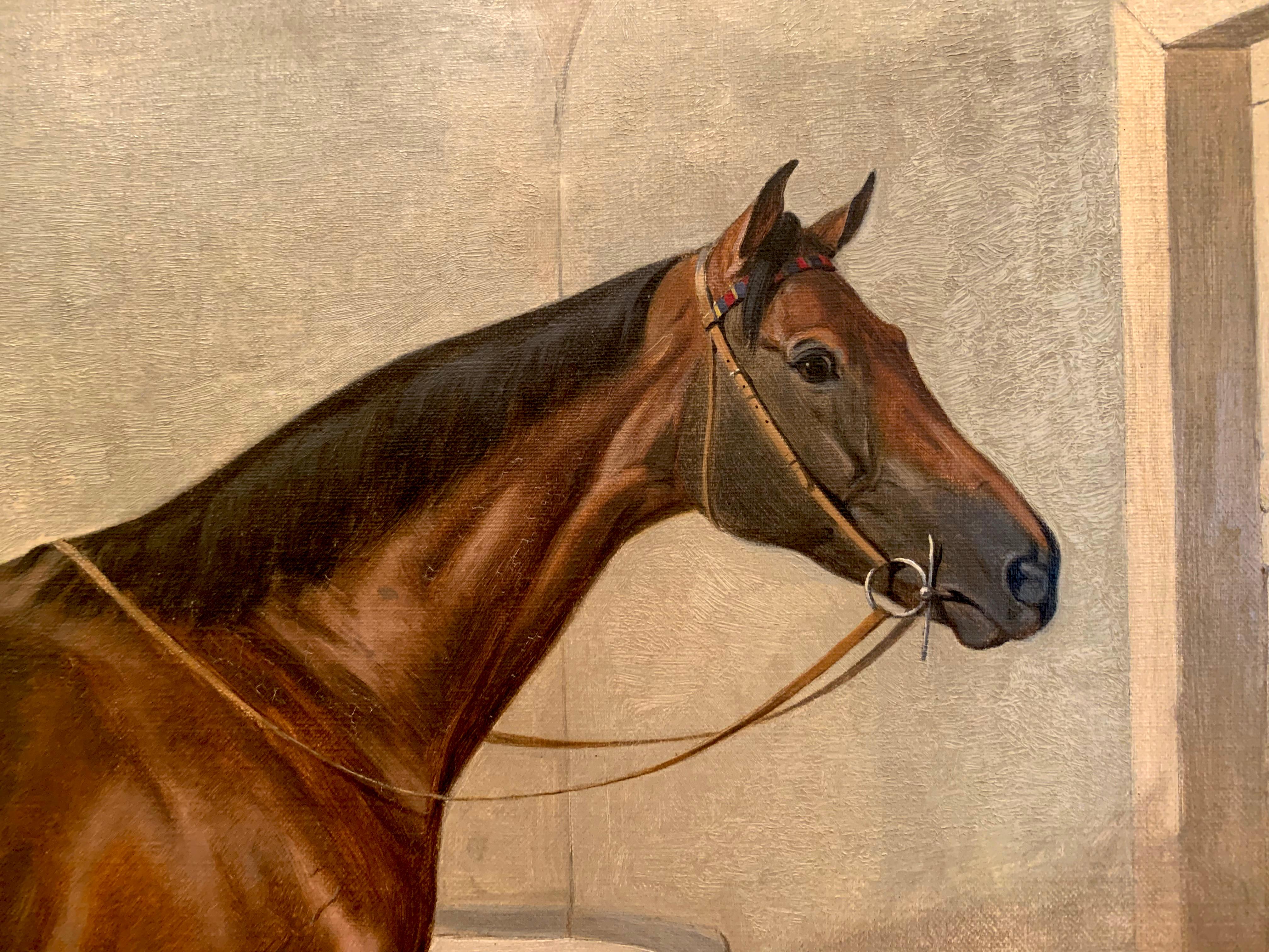 Dieses originale Ölgemälde eines Pferdes wurde 1916 von Emil Adam:: einem deutschen Pferdemaler:: gemalt. 
Es ist ein wunderschönes Stück von einem braunen Hengst. 
Adam war der Sohn des Tiermalers Benno Adam. Ursprünglich wollte er sich der