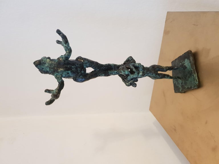 Frog Acrobatics by Helle Crawford, Bronze sculpture of a frog carried by a woman For Sale 1