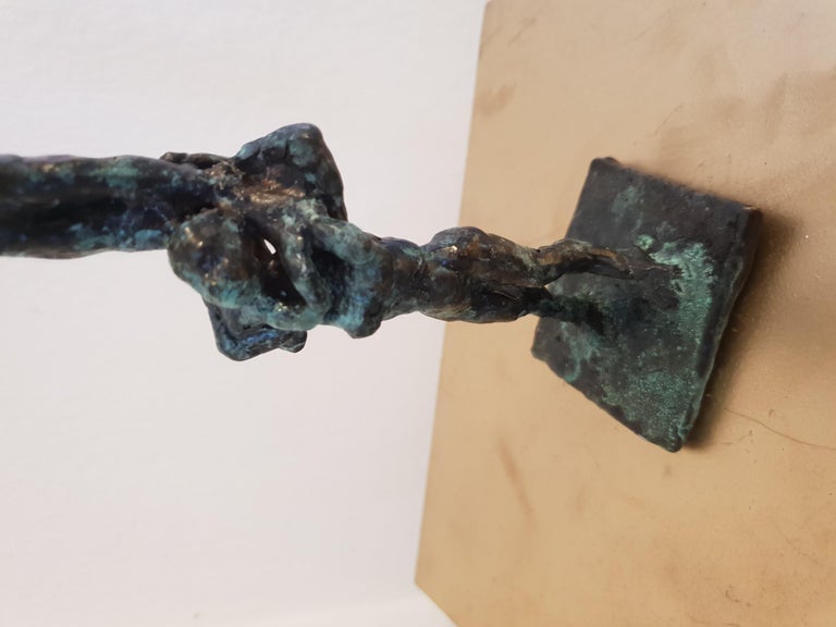 Frog Acrobatics by Helle Crawford, Bronze sculpture of a frog carried by a woman For Sale 5