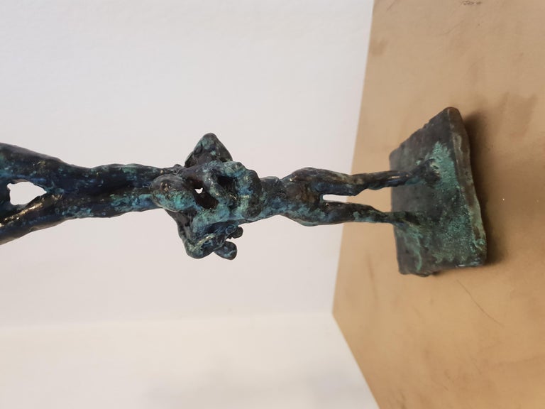 Frog Acrobatics by Helle Crawford, Bronze sculpture of a frog carried by a woman For Sale 2