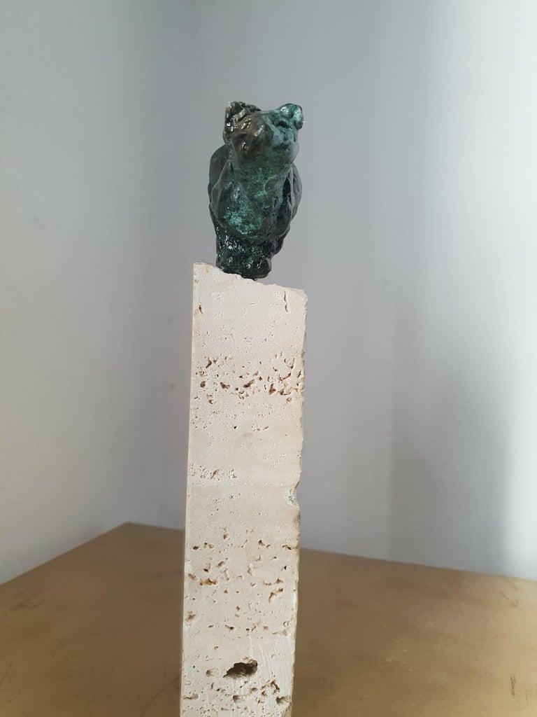 Cat about to jump by Helle Crawford, Green / Black Bronze sculpture on sandstone For Sale 1