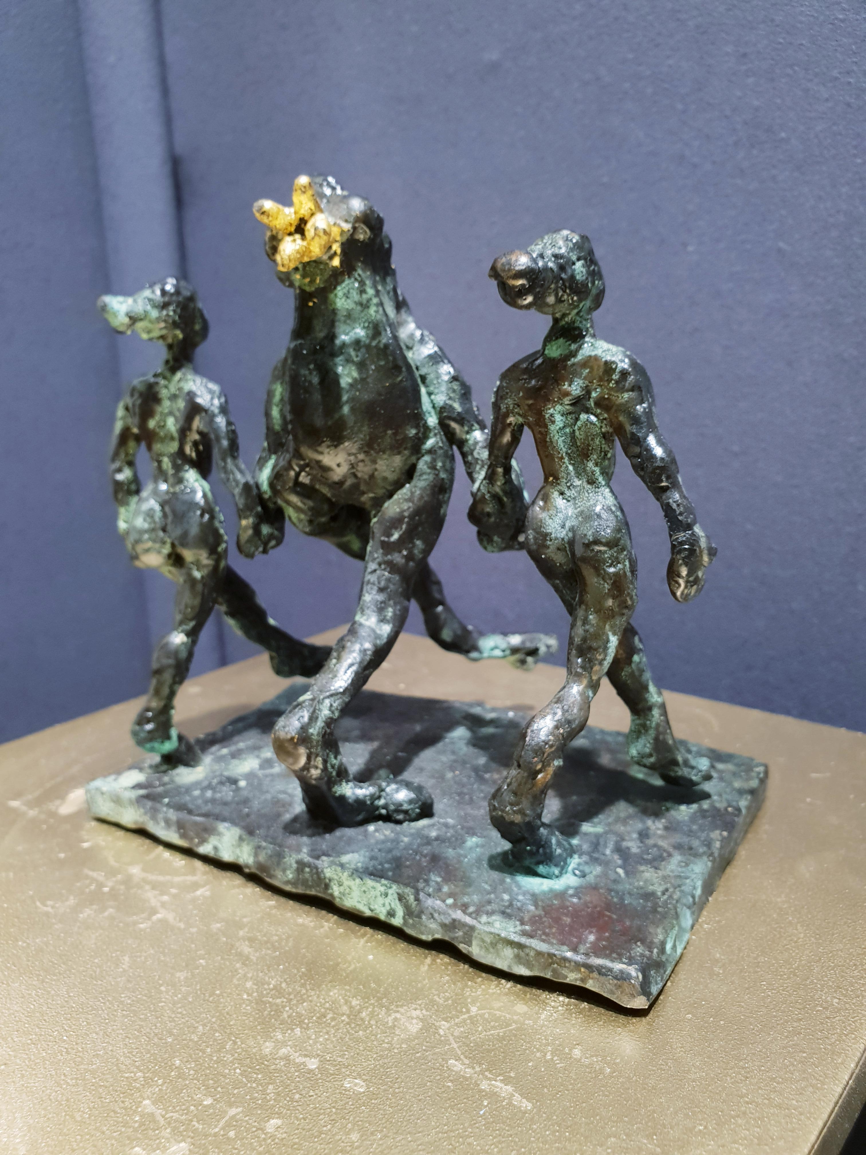Riverdance for Frog Prince by Helle Crawford, Green Black Bronze sculpture For Sale 1
