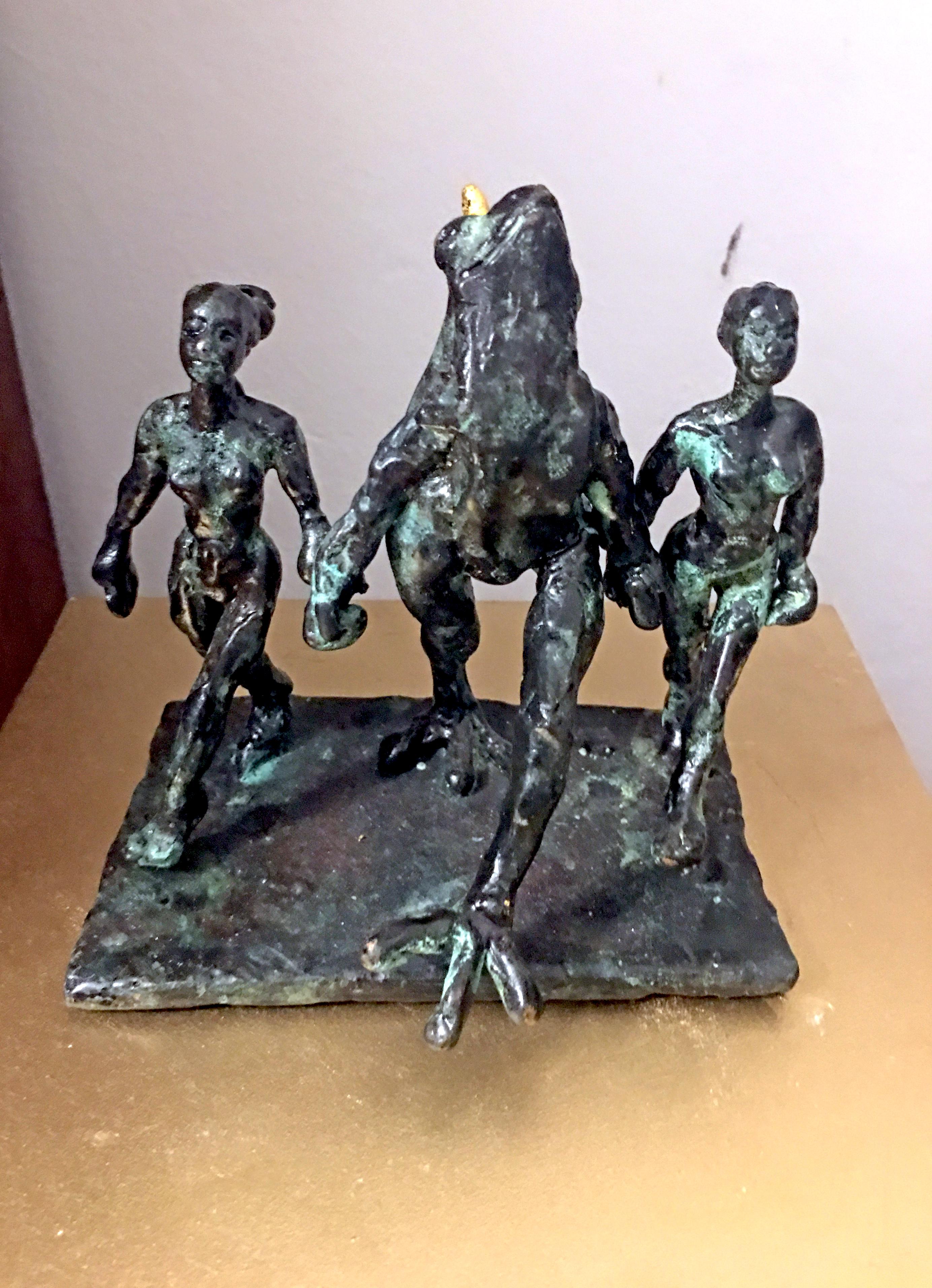 La danse de la rivière pour grenouille par Helle Crawford, sculpture en bronze vert et noir - Sculpture de Helle Rask Crawford
