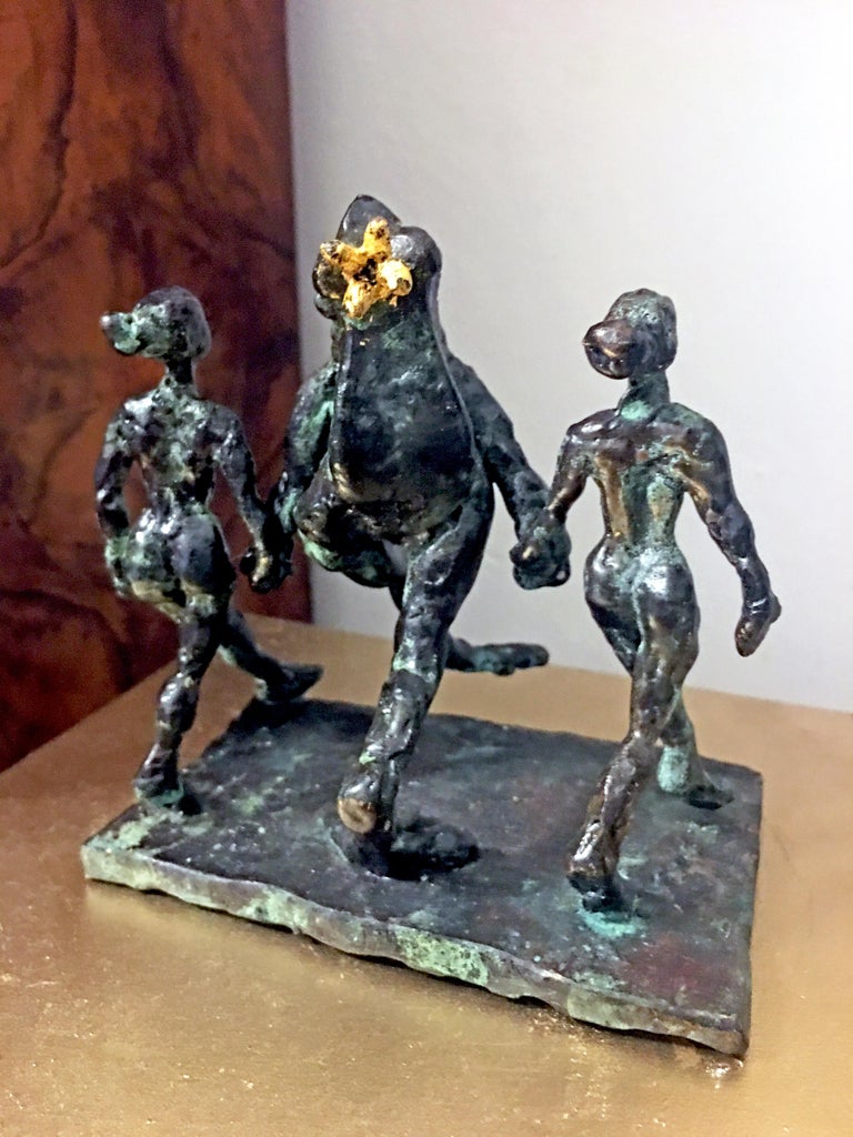 Riverdance for Frog Prince by Helle Crawford, Green Black Bronze sculpture - Gold Still-Life Sculpture by Helle Rask Crawford