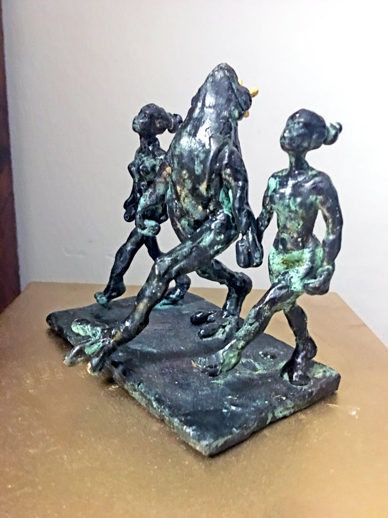Riverdance for Frog Prince by Helle Crawford, Green Black Bronze sculpture For Sale 3