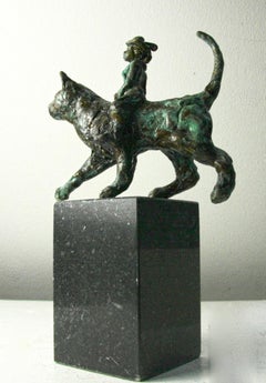 Catwoman by Helle Crawford, Contemporary Green Black Bronze Cat Sculpture