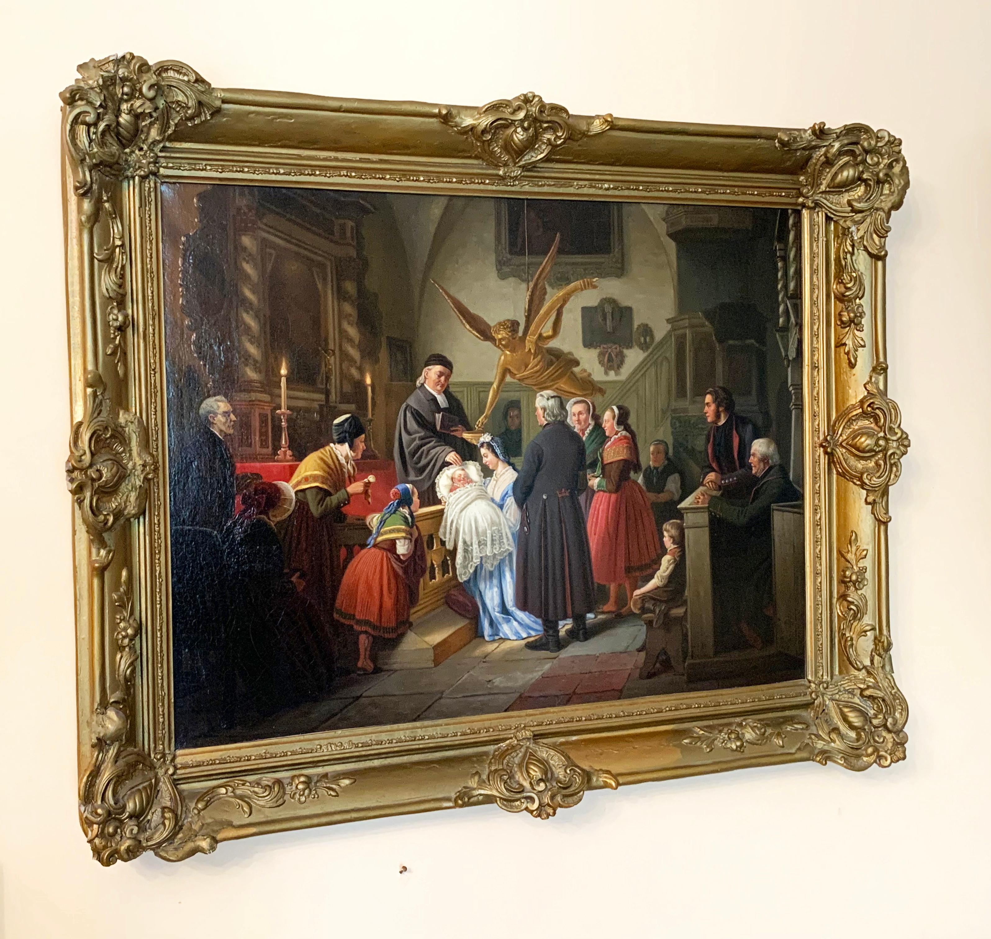 The Baptism by Ludwig August Most 1860 Oil on Canvas framed in gold wood frame 5