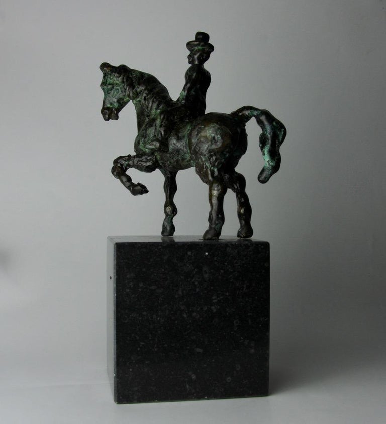 Small Equipage by Helle Crawford, Bronze sculpture of a horse carrying a woman For Sale 2