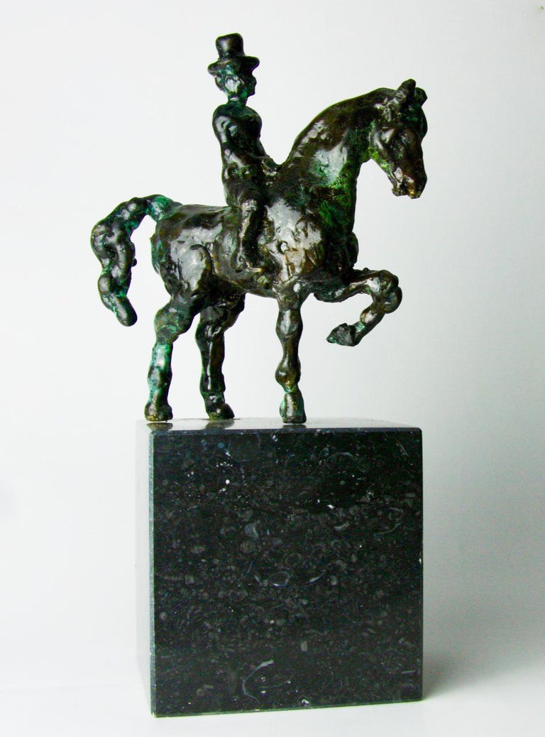 Helle Rask Crawford Still-Life Sculpture - Small Equipage by Helle Crawford, Bronze sculpture of a horse carrying a woman