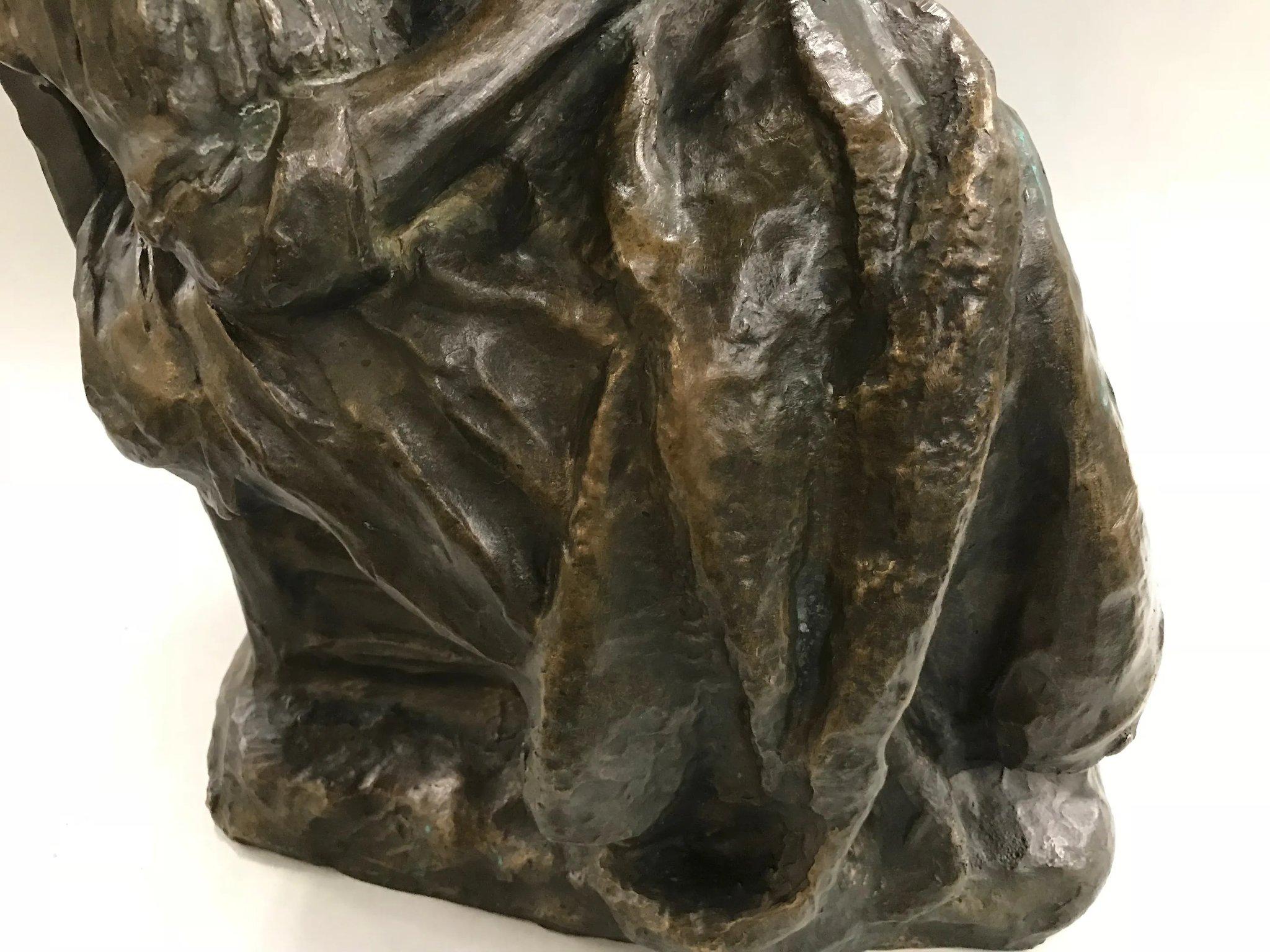 A fine patinated bronze of a seated old woman stitching by Dutch sculptor Charles Henri Marie Van Wijk (1875-1917). Charles was born in the Hague, and drawing lessons began with his uncle Arie Stortenbeker, an amateur painter, and by 1887 at the age