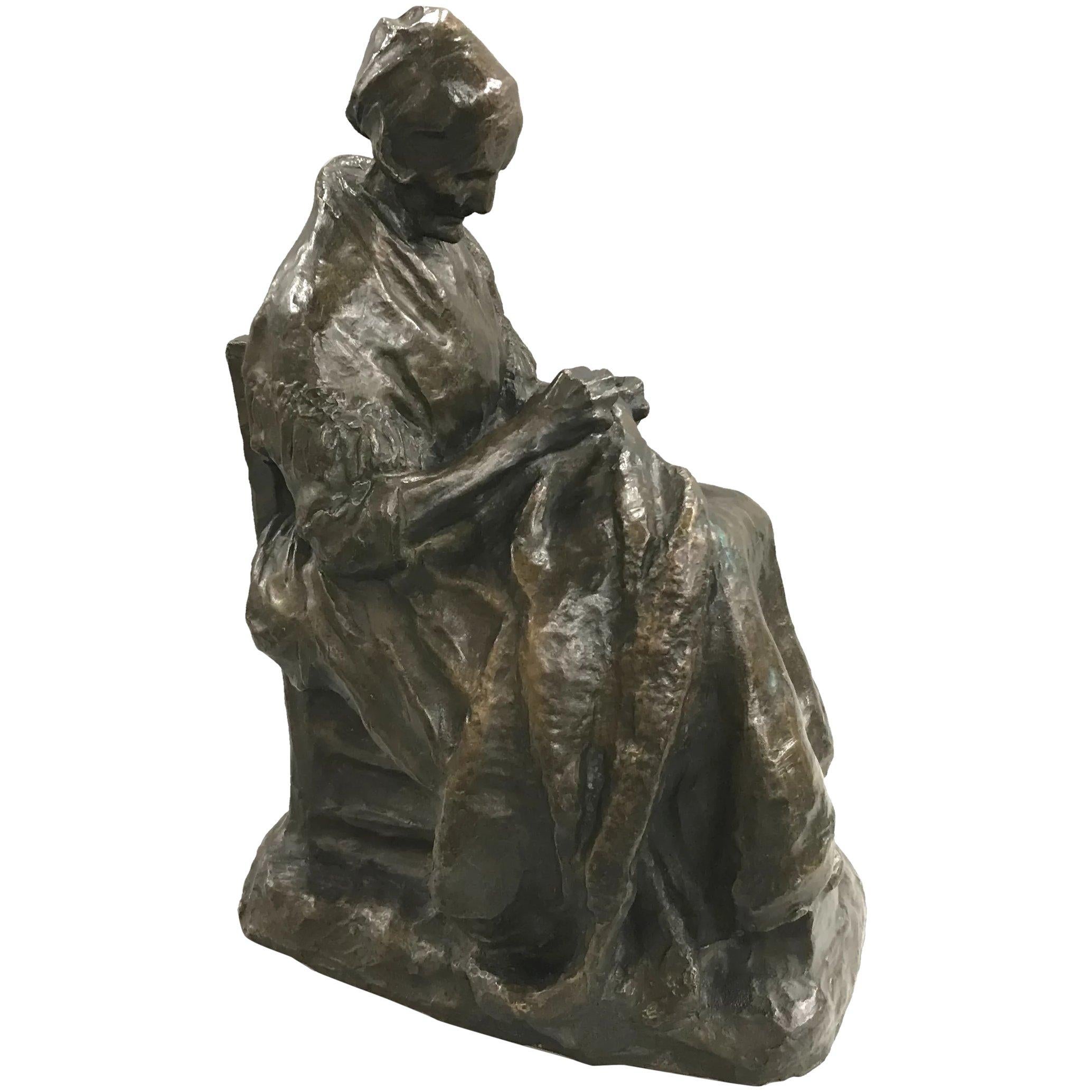Charles Van Wijk Figurative Sculpture - Old Woman Stitching