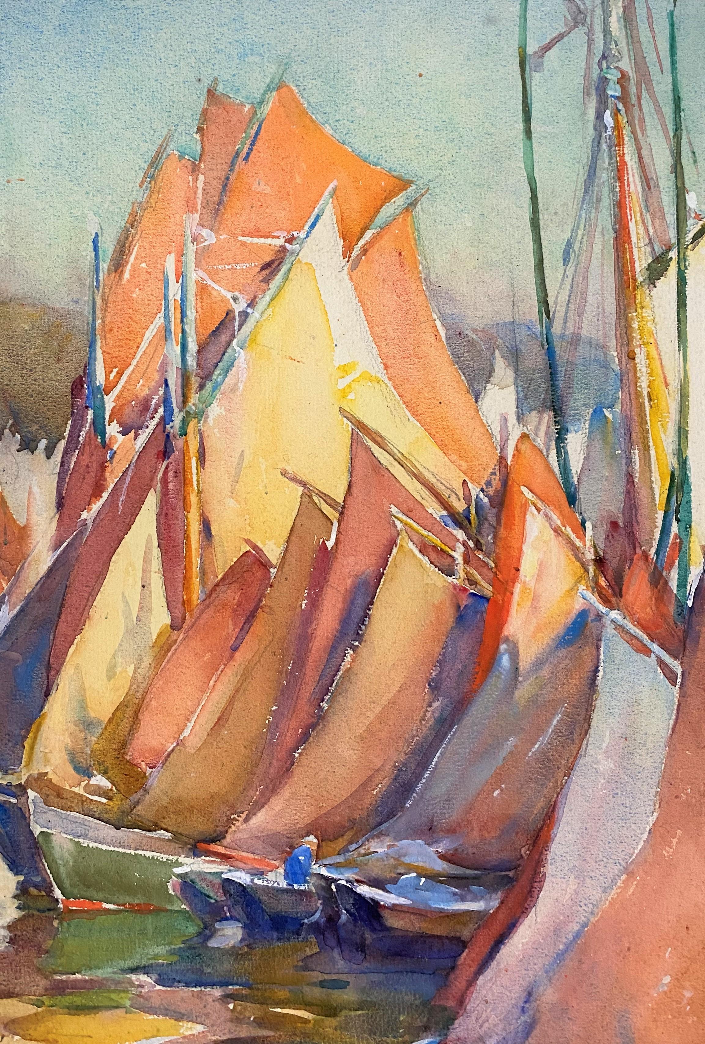 A fine colorful impressionist watercolor of boats by American artist Mabel May Woodward (1877-1945). Woodward was born in Providence, Rhode Island, studied at the Rhode Island School of Design, and later at The Art Students' League in New York under