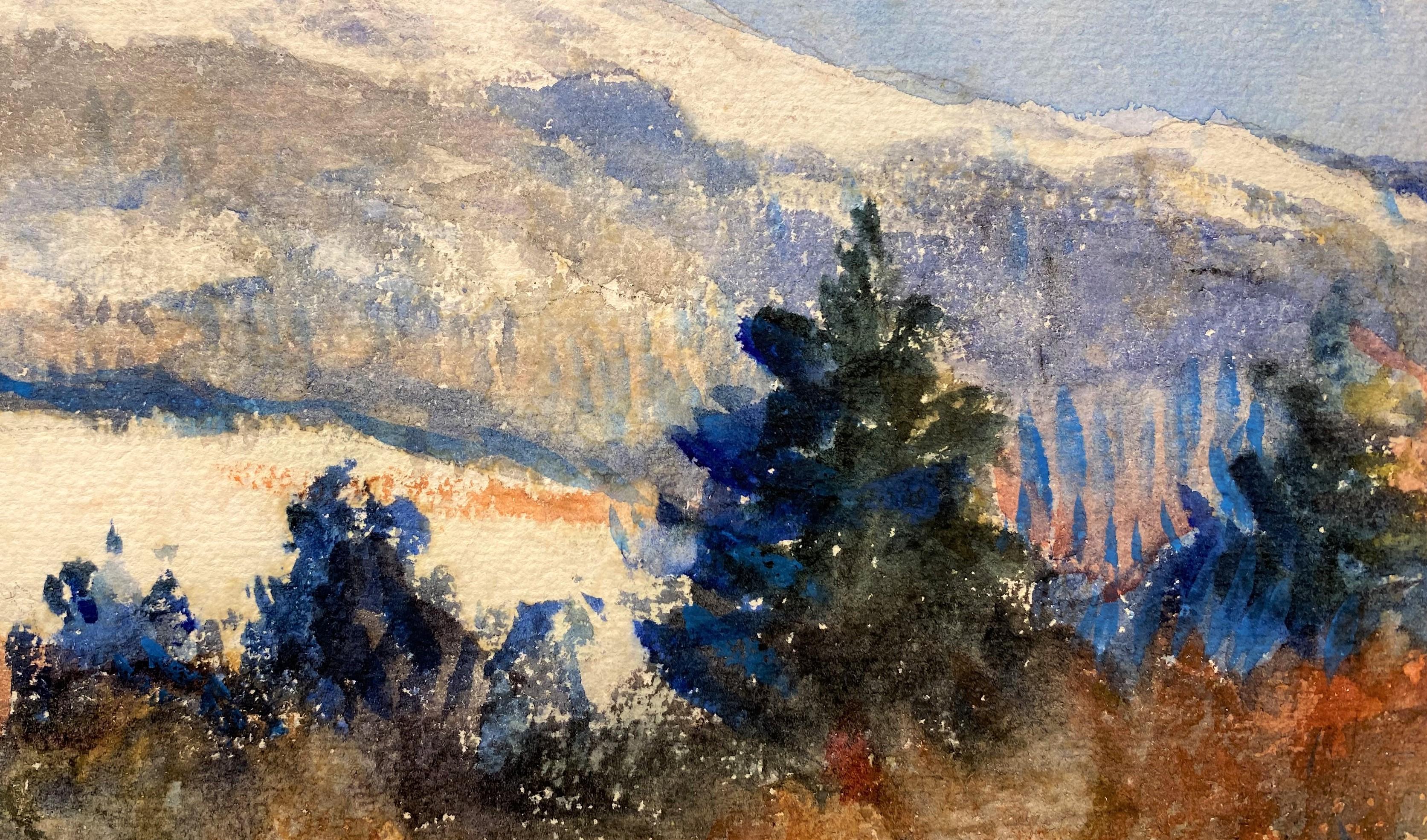 Exceptionnelle aquarelle du Mont Monadnock enneigé en hiver dans le New Hampshire par l'artiste américain Frank Weston Benson (1862-1951). Benson est né à Salem, dans le Massachusetts, et a étudié à Boston à la Museum School of Fine Arts, puis avec
