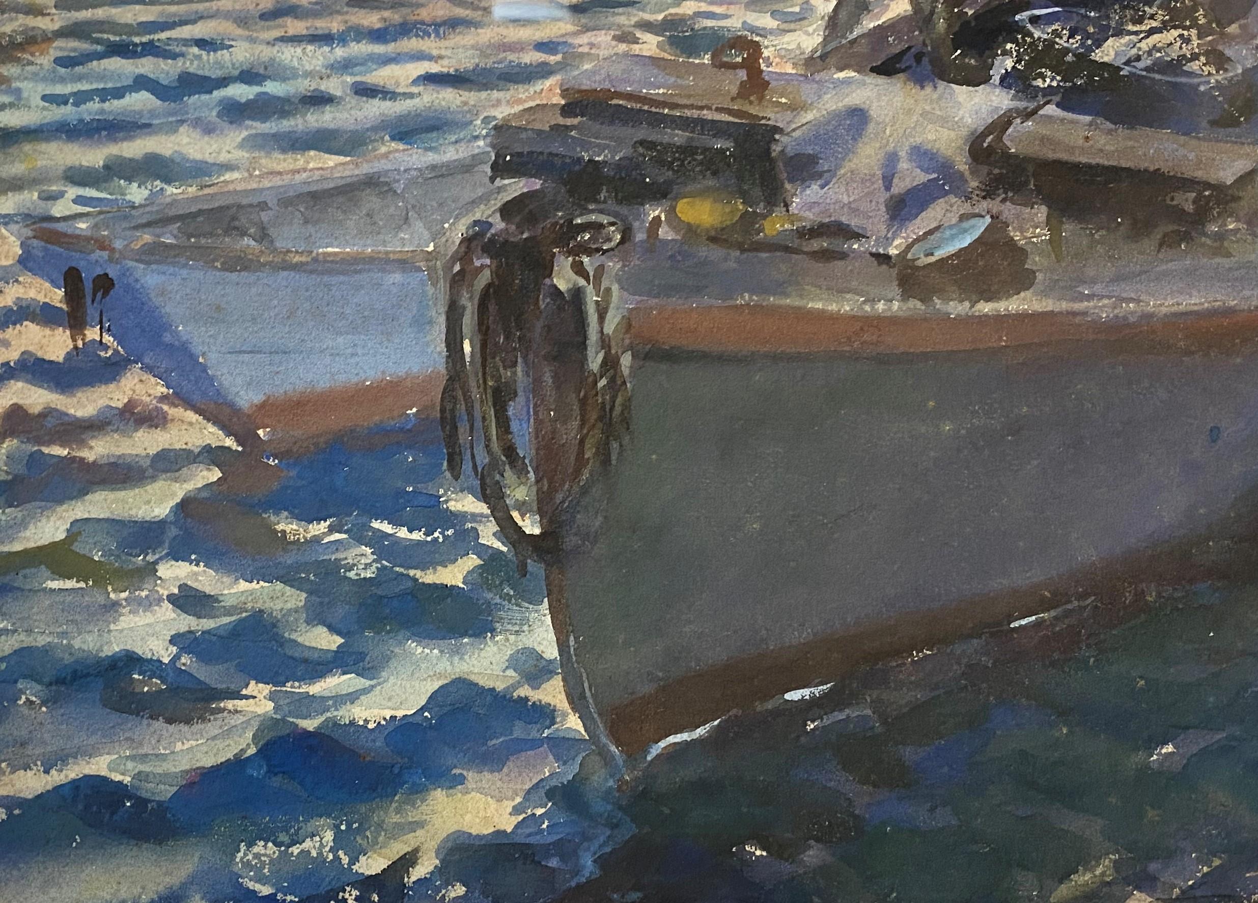 A fine marine watercolor with a fishing boat bringing in the day’s haul by American artist John Whorf (1903-1959). Whorf was born in Winthrop, Massachusetts and by the age of sixteen, he had begun studies in Provincetown with George Elmer Browne and