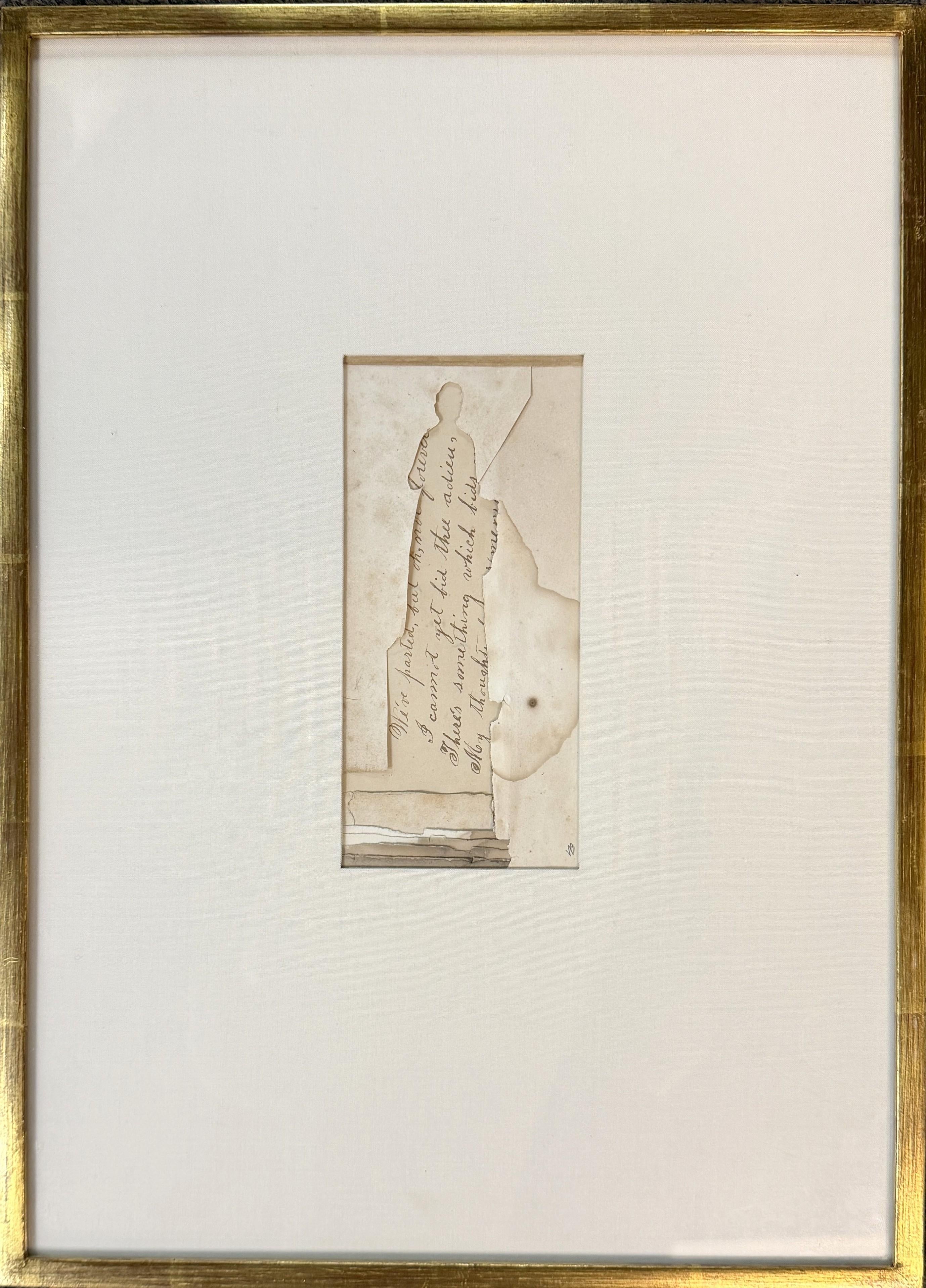 Un raffinato collage di carta espressionista astratto con una lettera scritta a mano a penna e inchiostro sotto la silhouette tagliata di un gentiluomo dell'artista americano Varujan Boghosian (1926-2020). Boghosian è nato a New Britain, CT e dopo