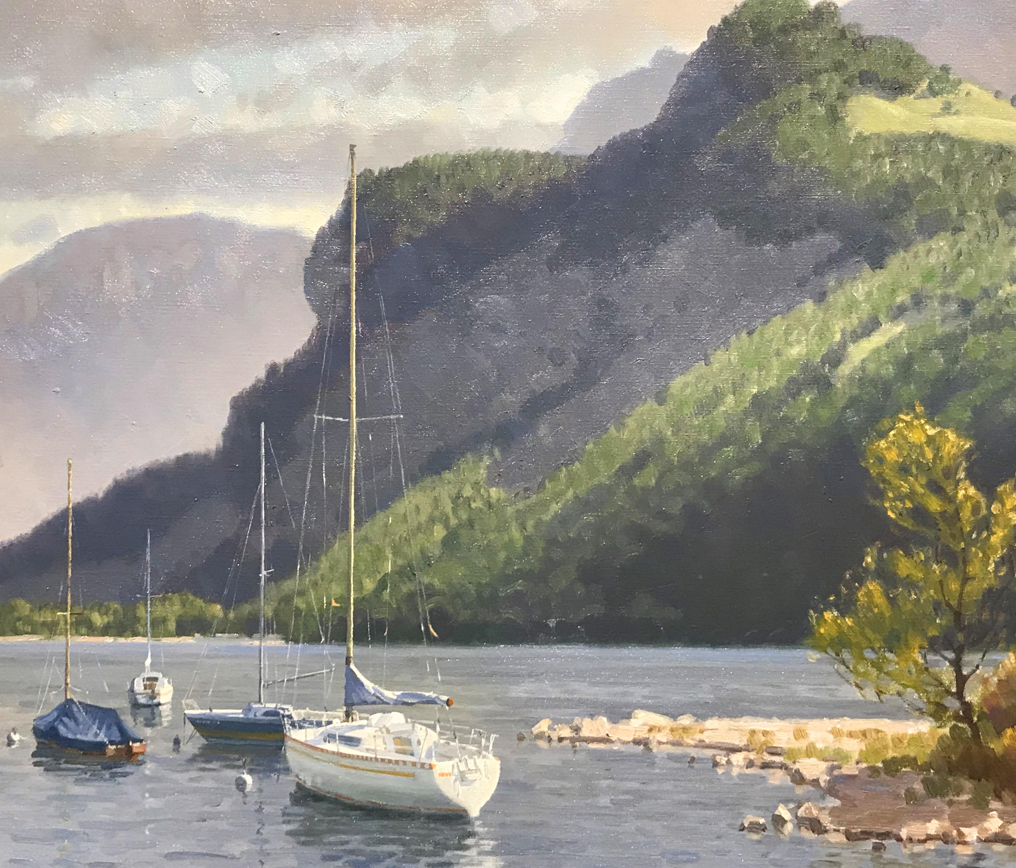 A wonderful landscape painting of boats on Lake Lucerne, Switzerland by American artist Wayne E. Wolfe (b. 1944 or 1945). Wolfe was born in Kansas City, MO, studied journalism at the University of Kansas, and went on to study with Robert Lougheed in