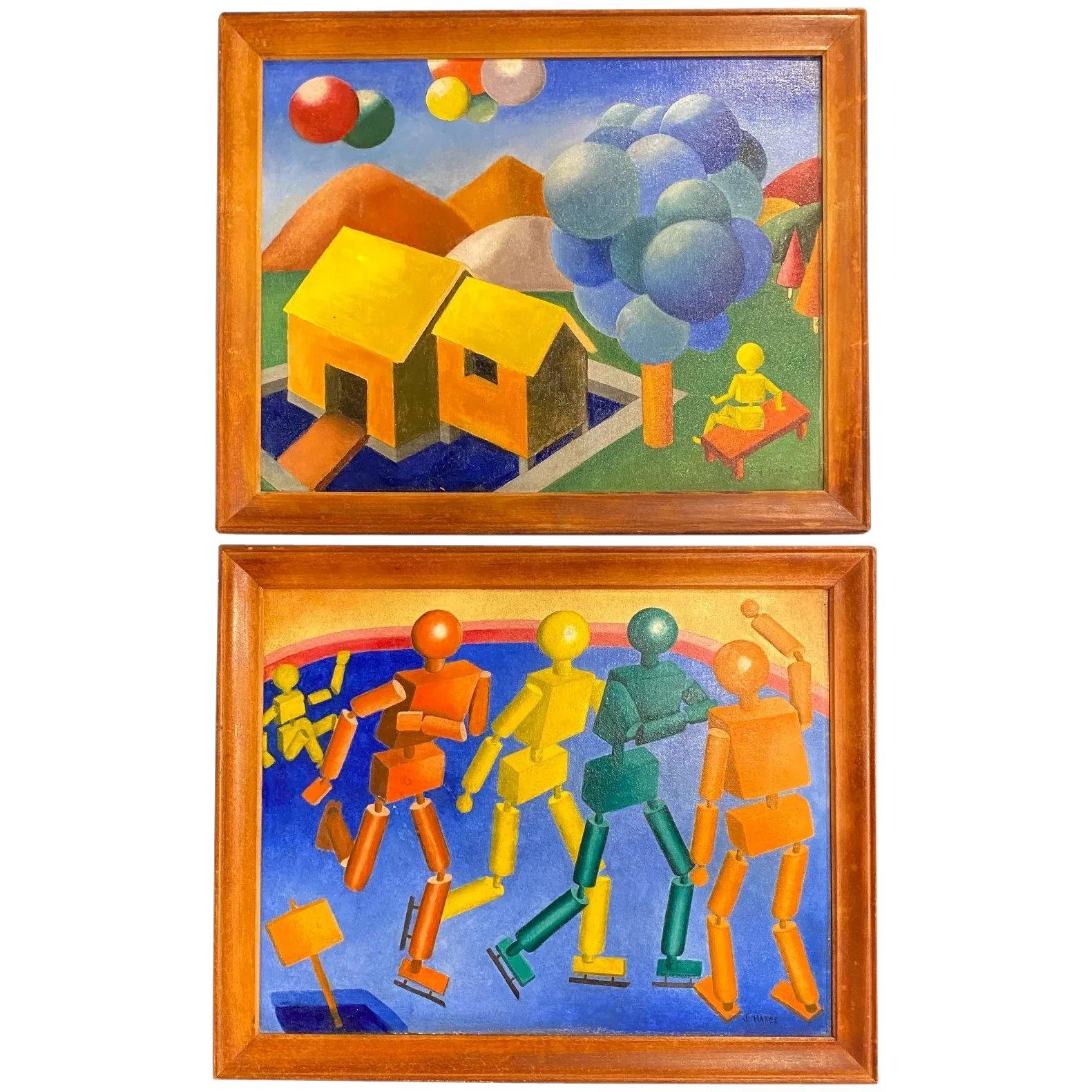 J. Hance Figurative Painting - Cubist Figures / Cubist Landscape with Balloons