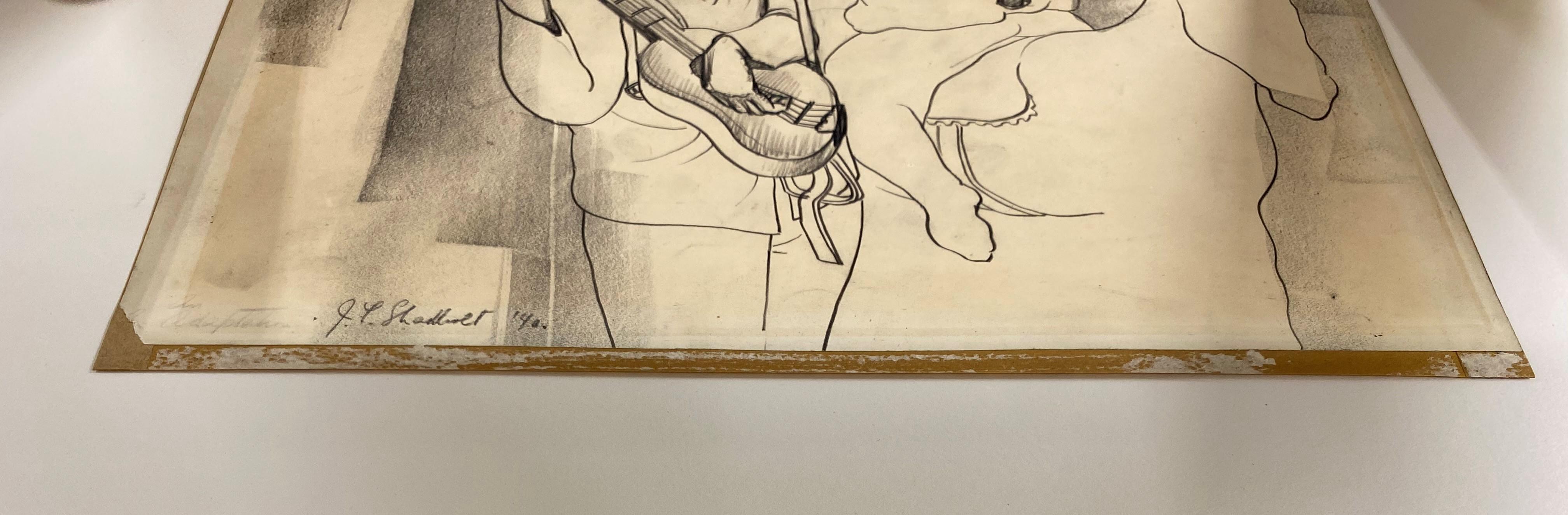 A fine graphite drawing of a circus clown with guitarist by British / Canadian artist Jack Leonard Shadbolt (1909-1998). Shadbolt was born in Shoeburyness, Essex, England and his family emigrated to British Columbia, Canada when he was very young.