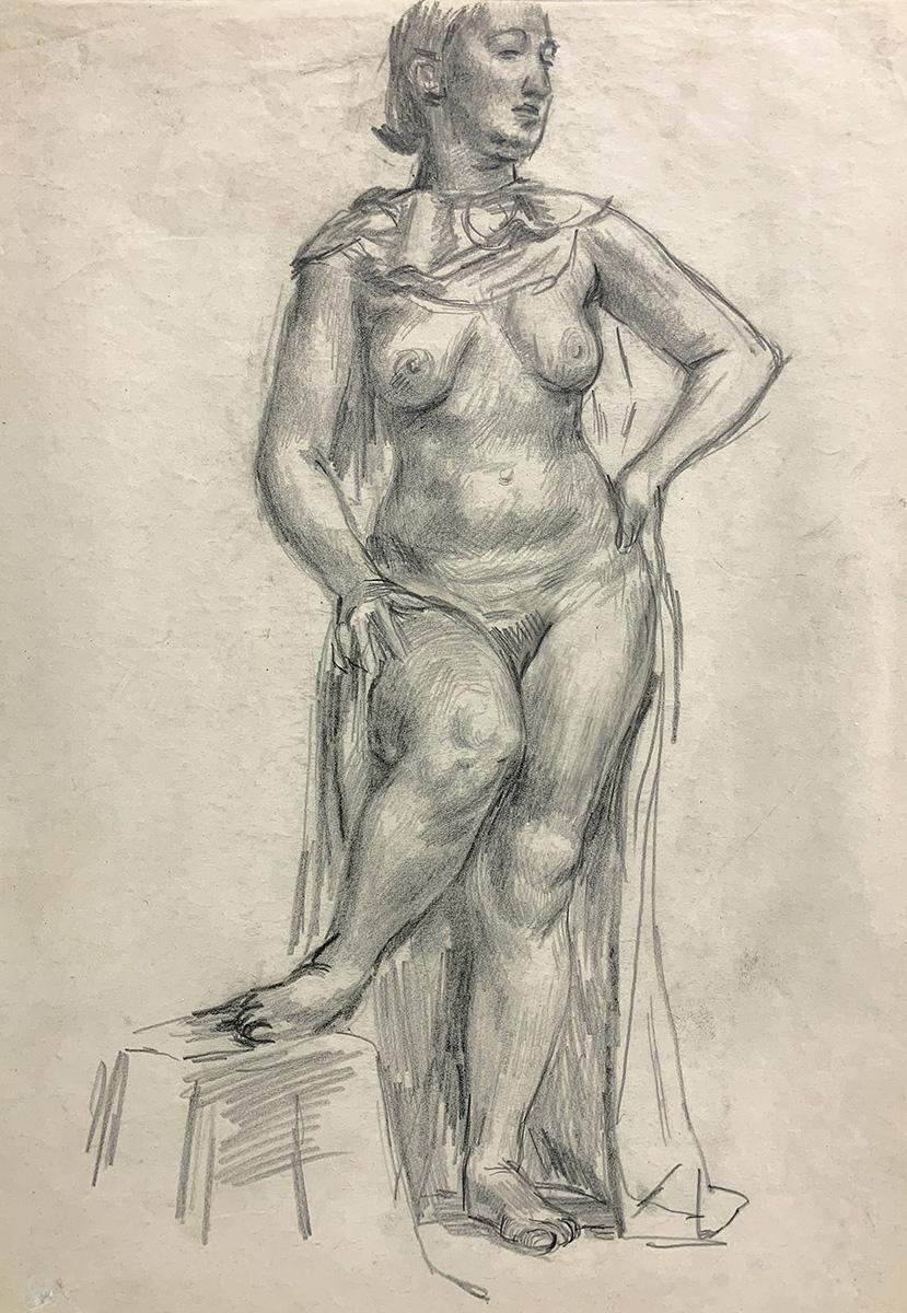 Figurative Art de Jared French - Sin título (Figura femenina) [Desnudo de pie cubierto].