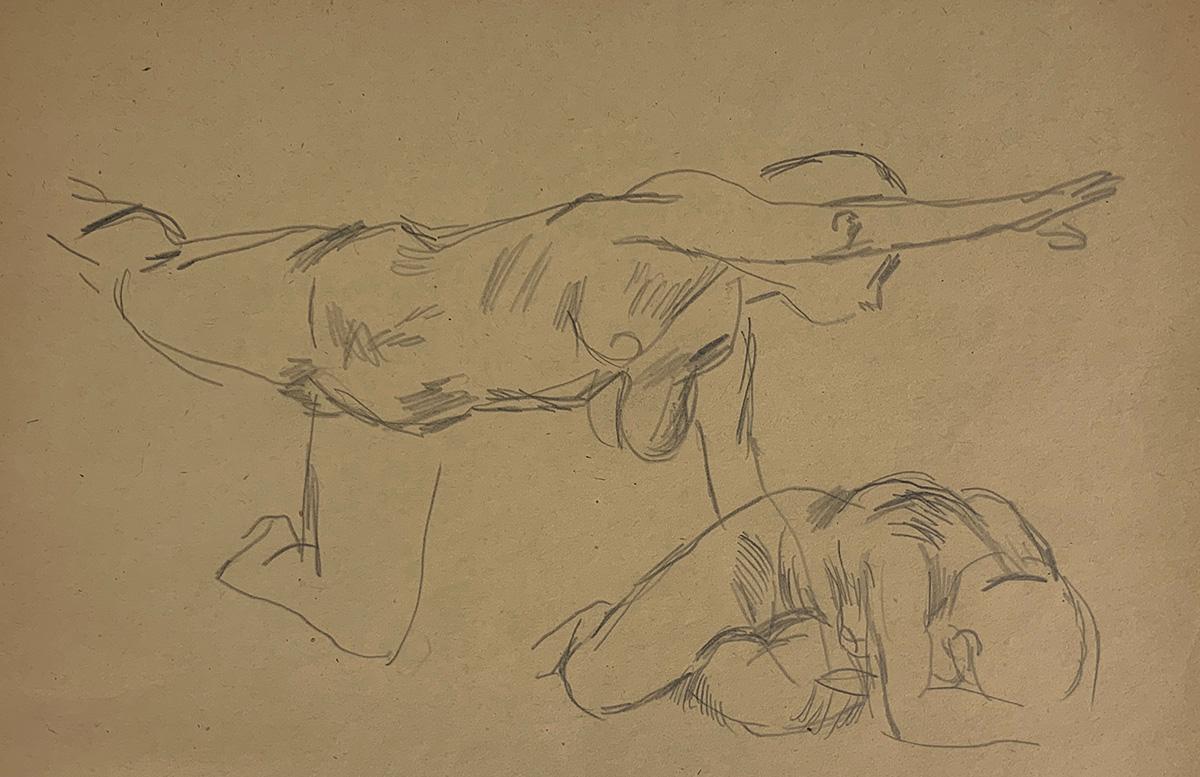Jared French Figurative Art – Ohne Titel (Frauenfigur) [Arm und Bein verlängert; und Despair Pose]