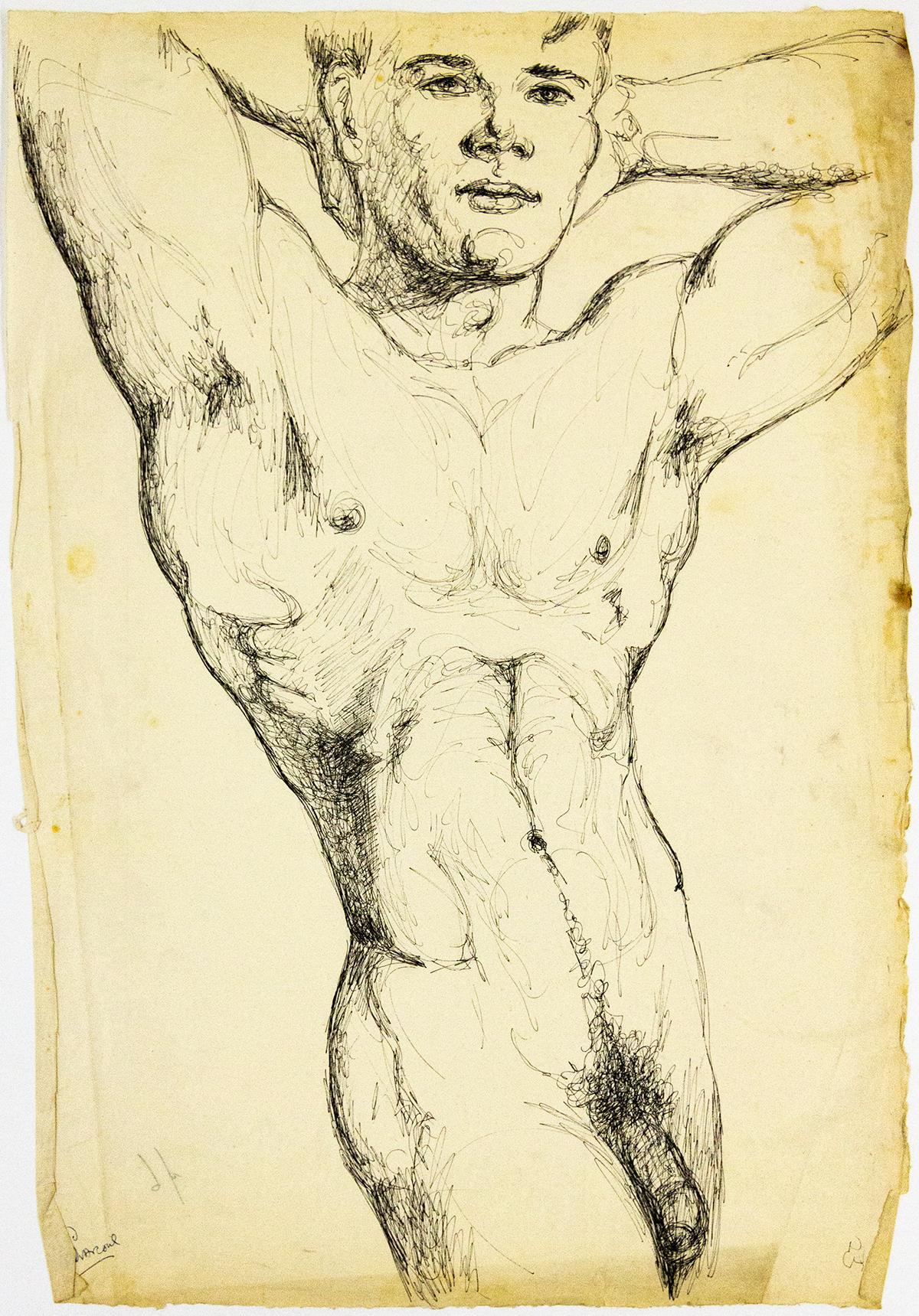 Flexing Male Nude - Art by John S. Barrington