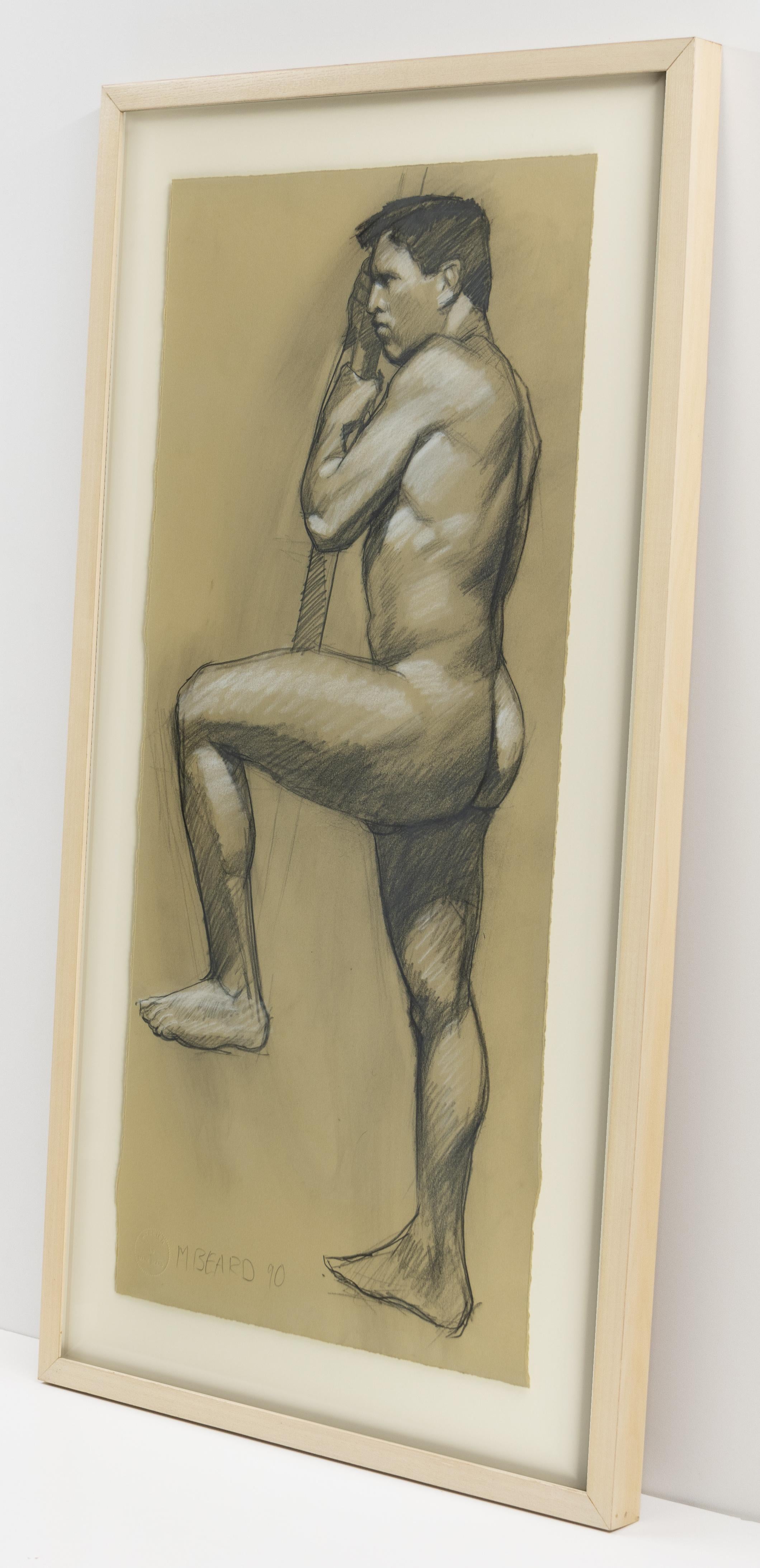 This drawing by Mark Beard is already framed, price includes framing.

Untitled (Nude Man with Raised Leg)
1990

Signed and dated, l.l.

Charcoal with red and white conté crayon on Rives BFK paper

29.5 x 14 inches

This work is offered by CLAMP in