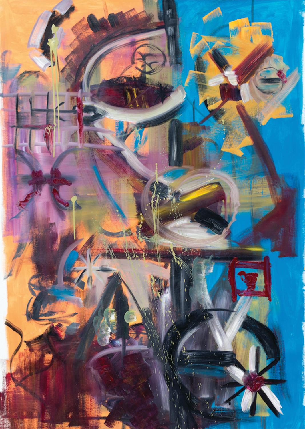 Contemporary and abstract painting by German artist, Shuk Orani. Oil painting on canvas. Great mid-century modern style. Canvas comes fully stretched on 1 1/2in thick canvas, unframed and with painted edges. Perfect piece for any