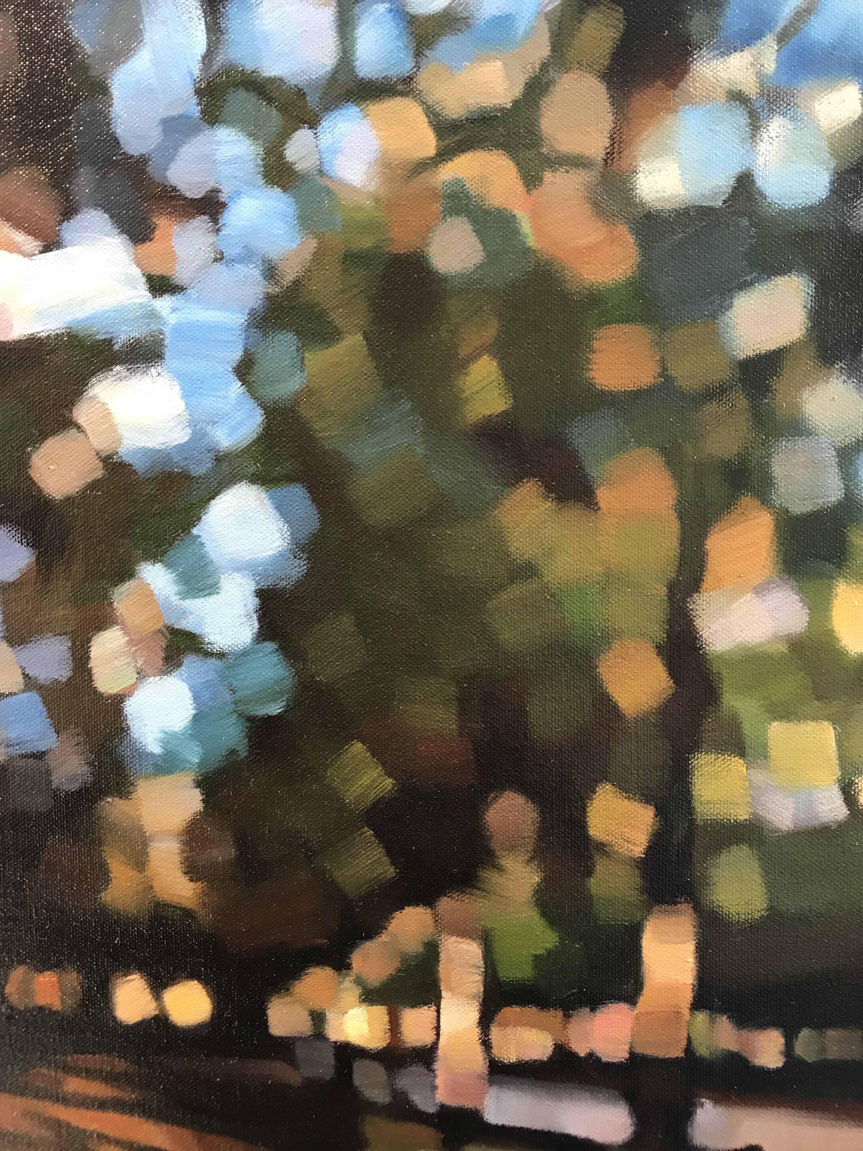Mishael Coggeshall-Burr uses energetic and deft brushstrokes in green, blue, brown, yellow, and grey to depict the vibrant Jardin du Luxembourg in Paris. At first glance, this abstract landscape resembles the dapples of light beaming through